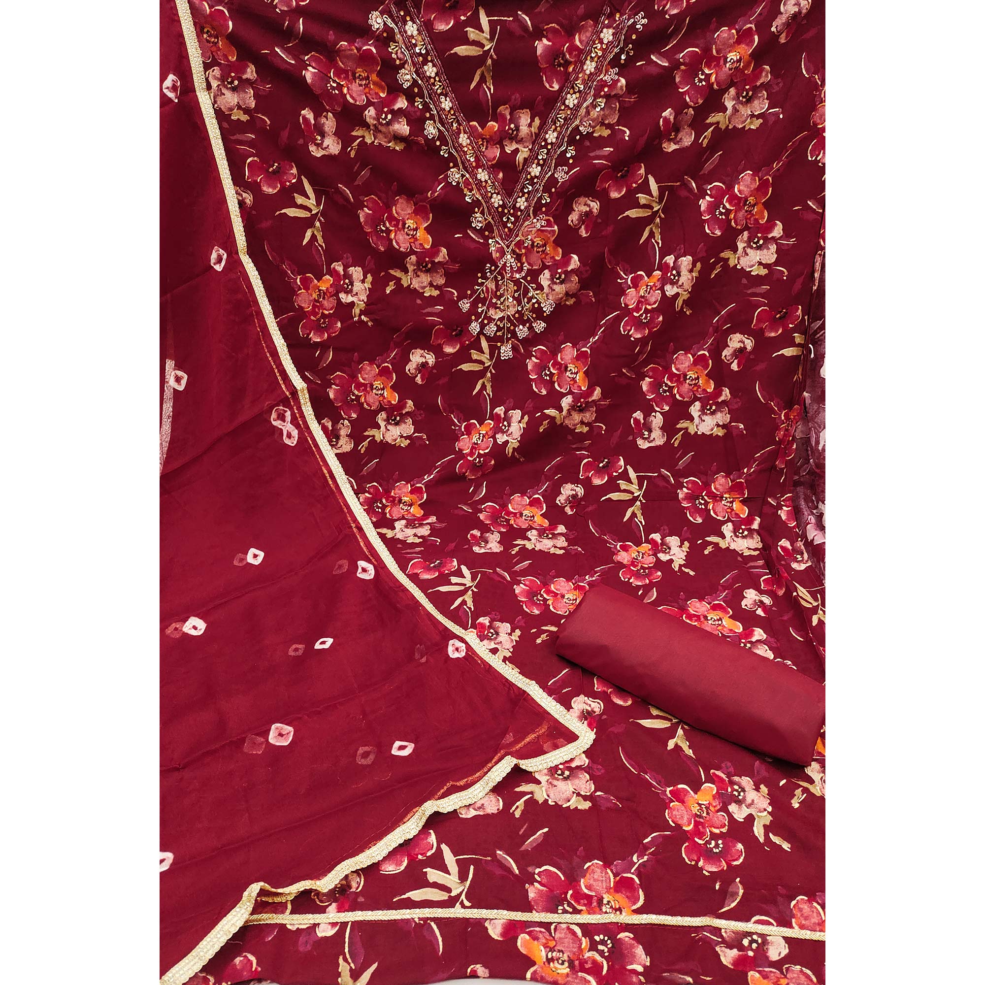 Peachmode Dark Red Floral Printed With Handwork Pure Cotton Dress Material - view 4