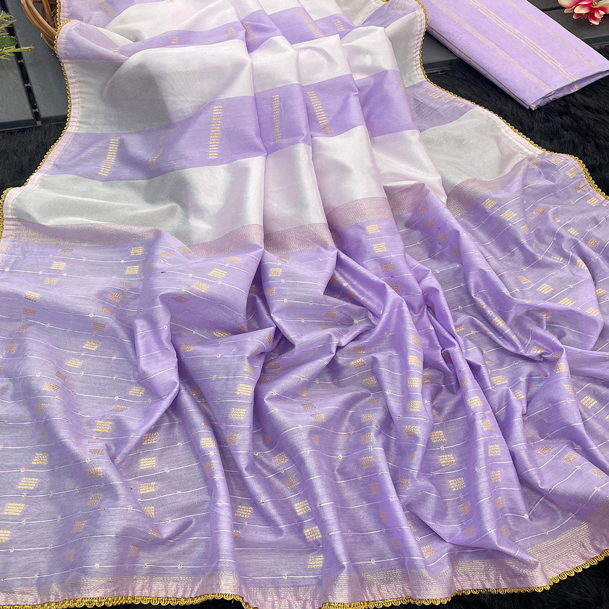 Peachmode Lavender Zari Woven With Sequins Work Tussar Silk Saree With Lace Border - view 2
