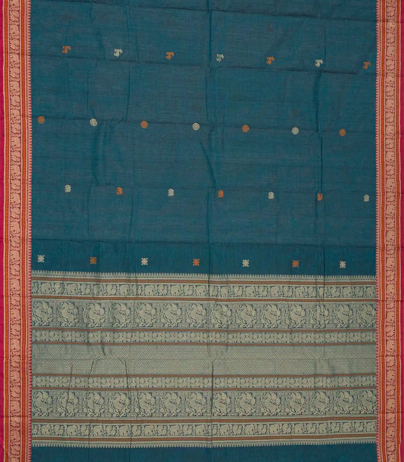 RmKV Teal Handloom Kanchi Cotton Saree With Annam Buttas. - view 2