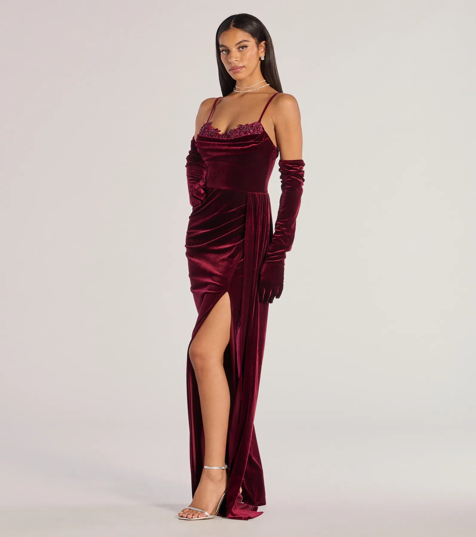 Windsor Inez Beaded Applique Velvet Formal Dress With Gloves - view 4