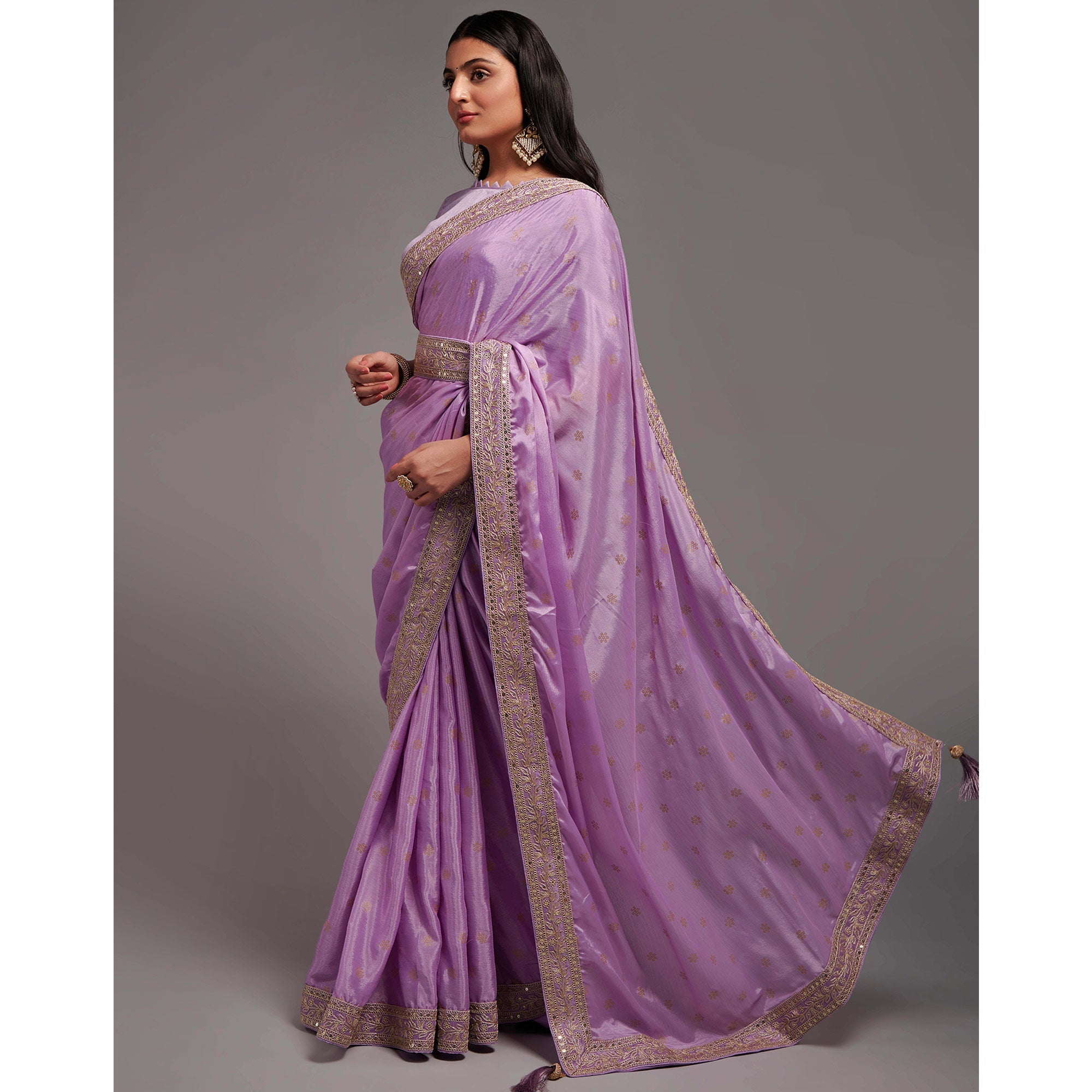 Peachmode Light Purple Foil Printed With Embroidered Border Chinon Saree - view 6
