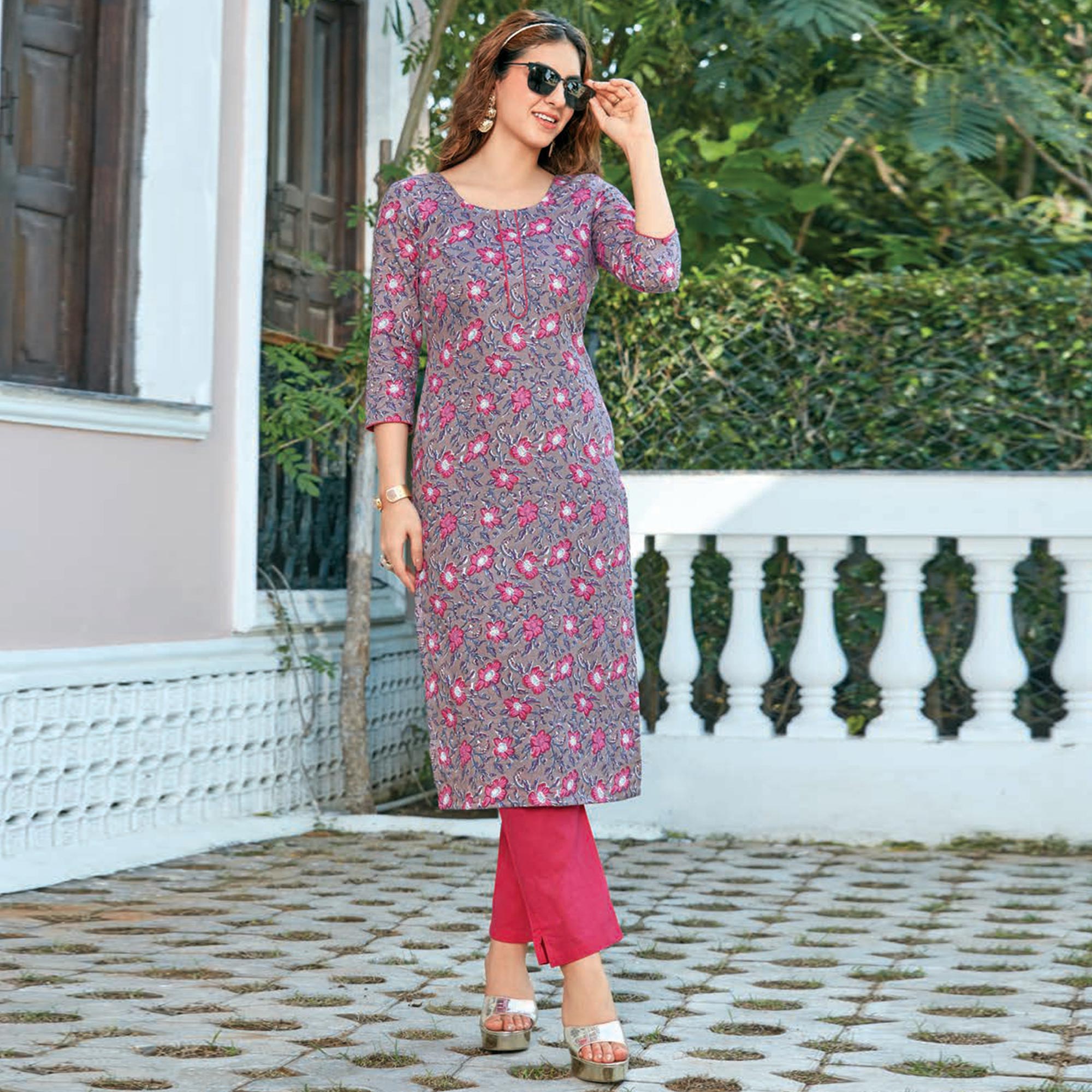 Peachmode Seller Light Purple Floral Printed Cotton Blend Kurti