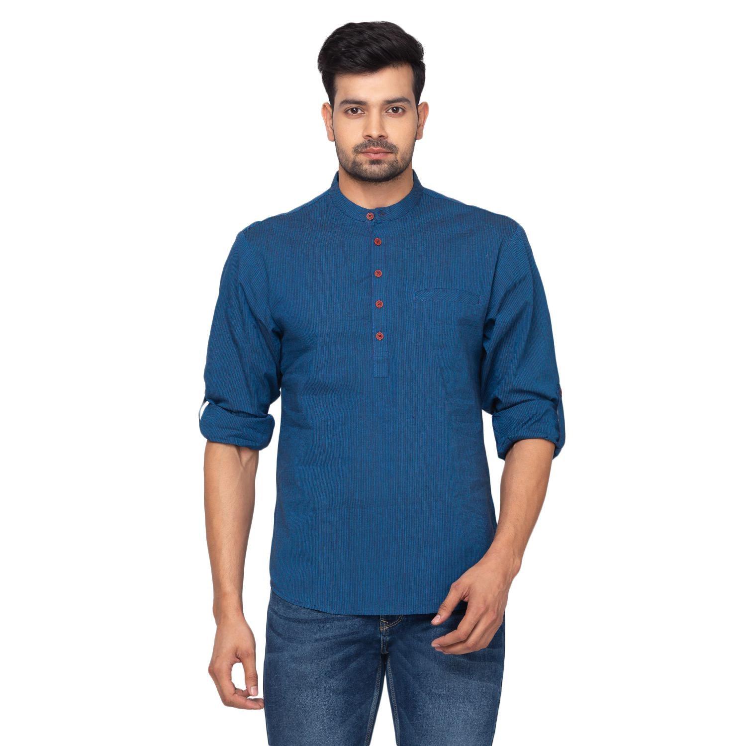 Peachmode Blue Solid Pure Cotton Short Kurta – Men's