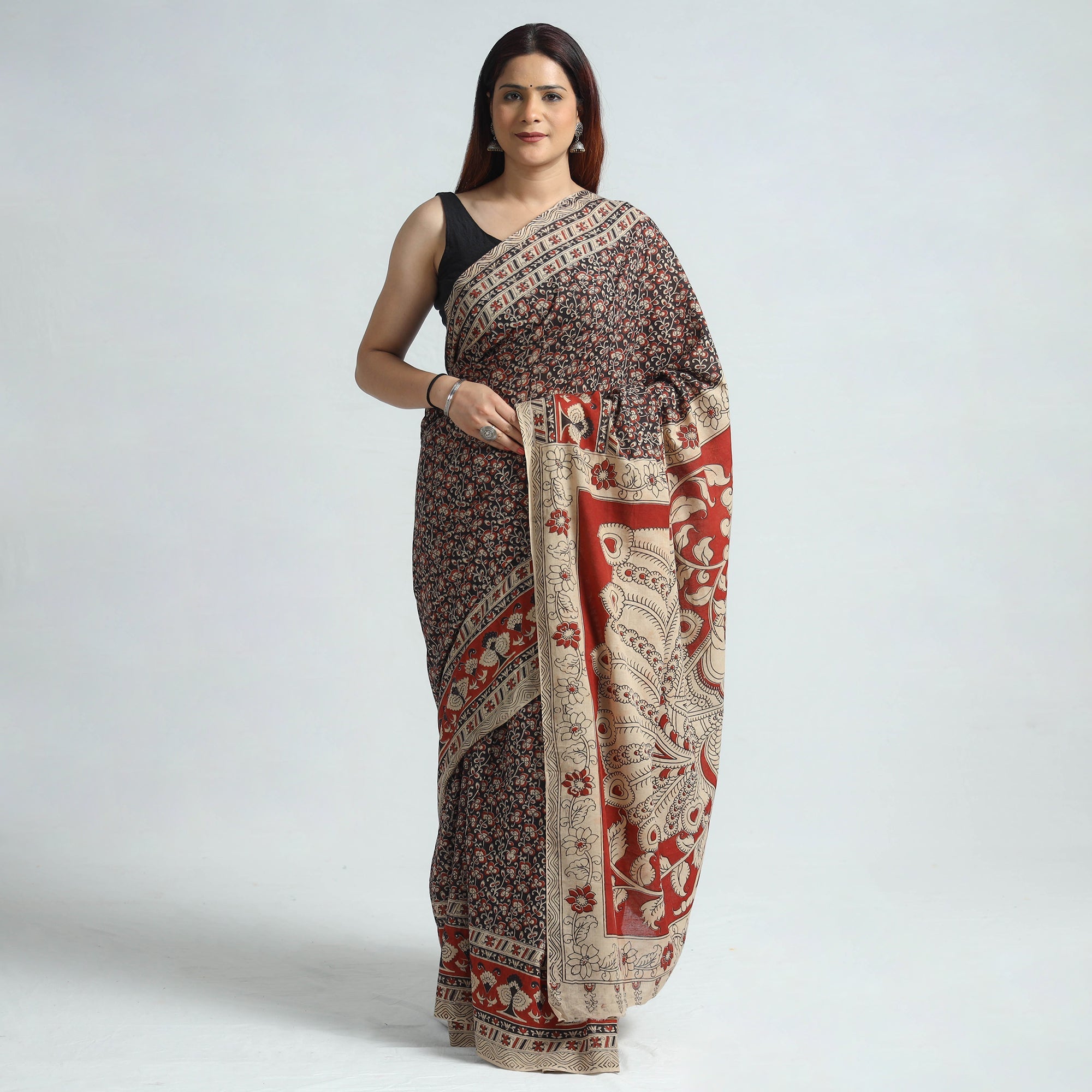 SOUTH KARGHA Black - Kalamkari Printed Cotton Saree with Blouse Piece 06