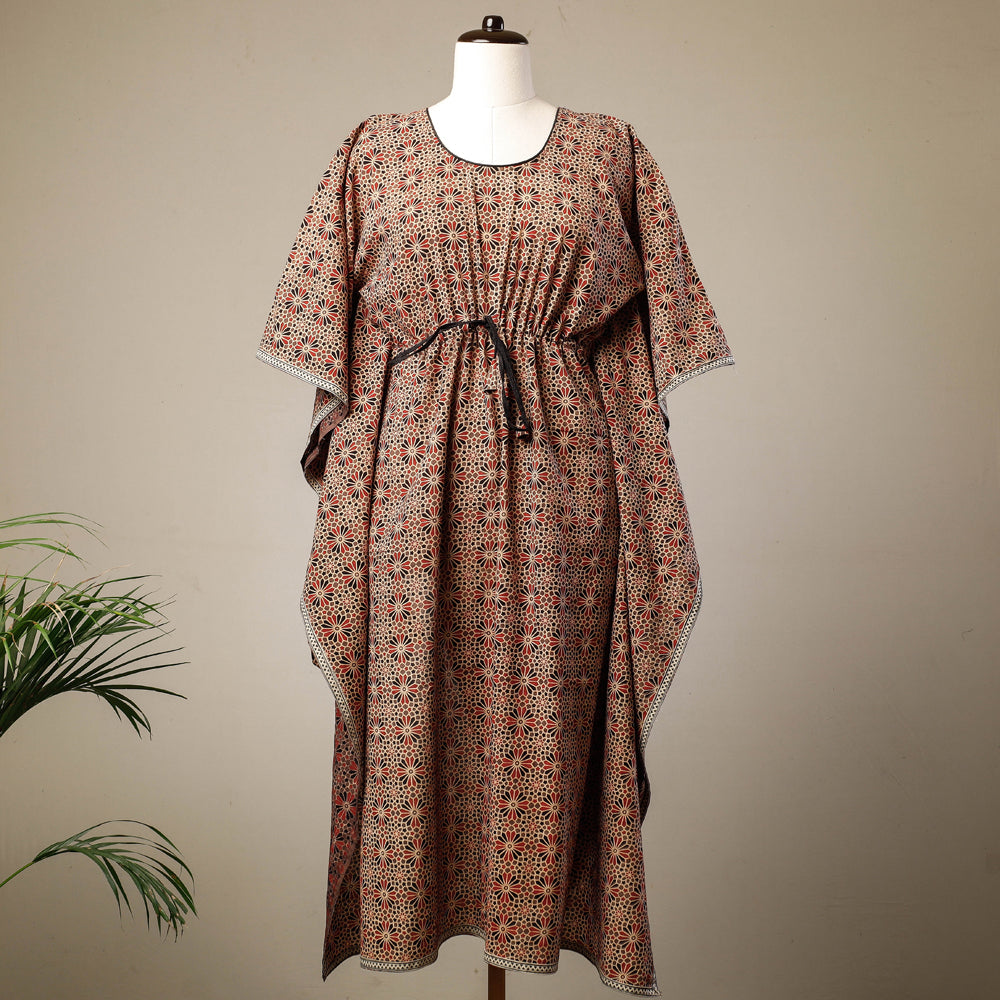 KACHCHH JI CHHAAP Brown - Ajrakh Hand Block Printed Cotton Kaftan with Tie-Up Waist (Long)