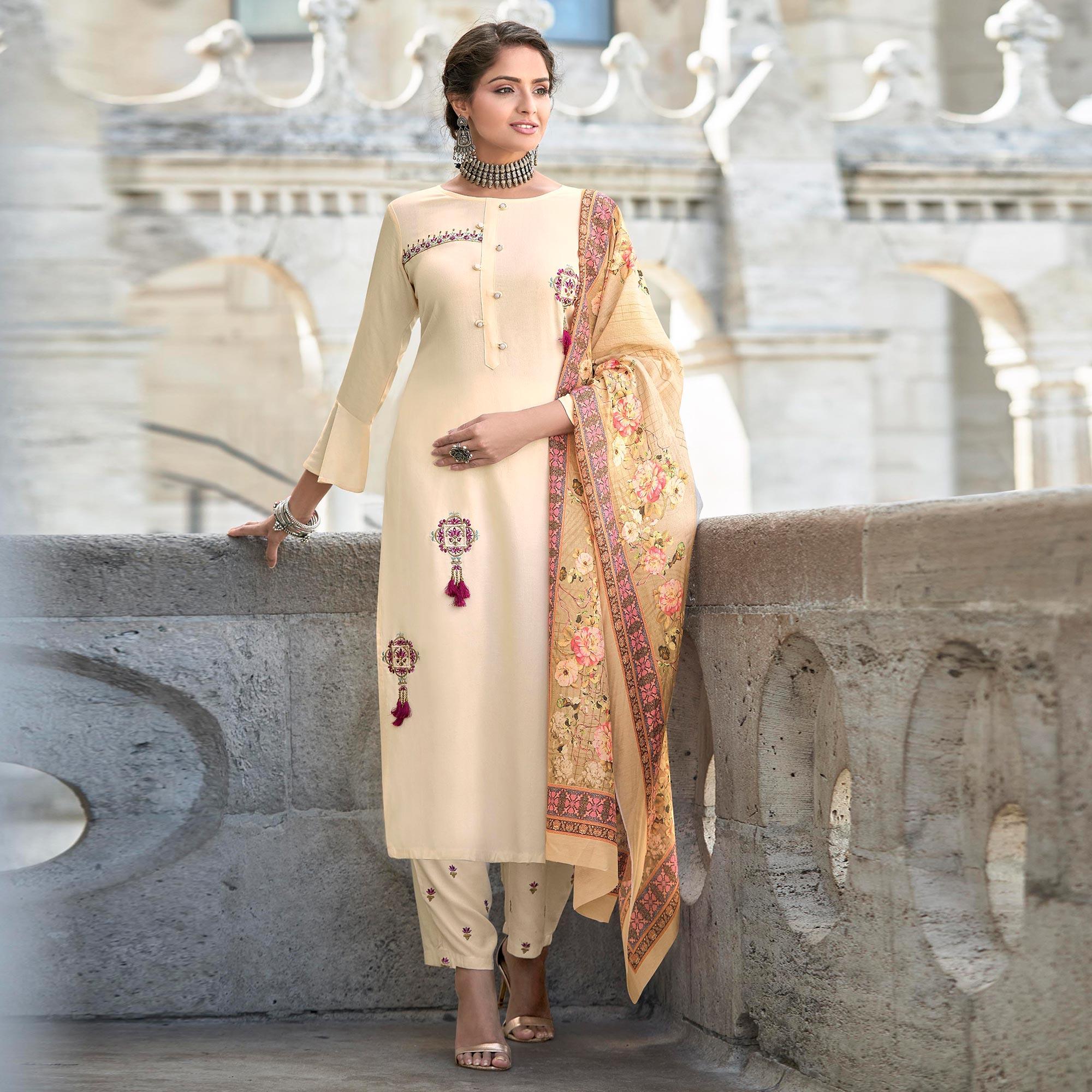 Peachmode Seller Cream Embroidered Rayon Kurti Pant Set With Dupatta - view 2