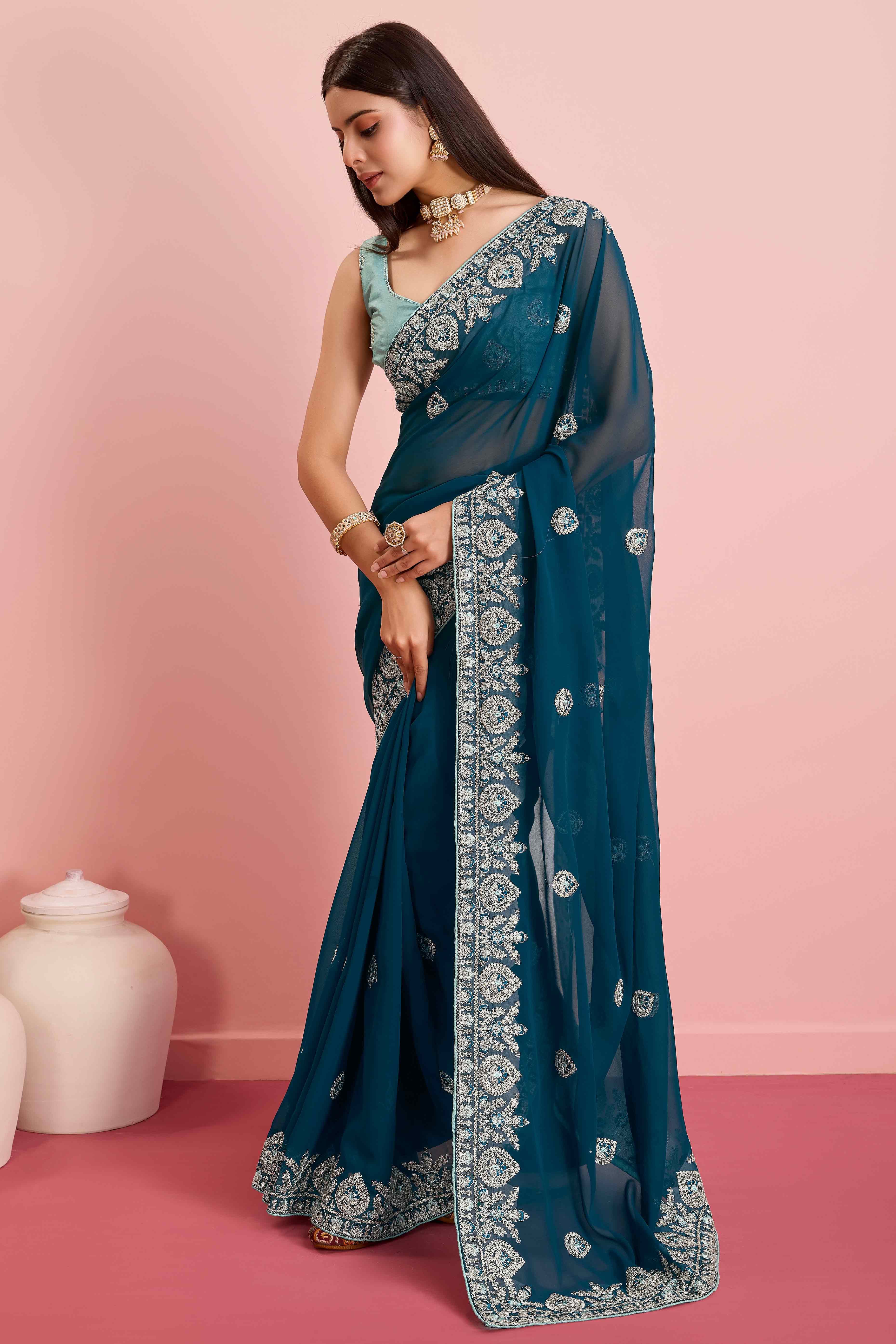 Peachmode Morpich Blue Floral Sequins Embroidered Georgette Saree