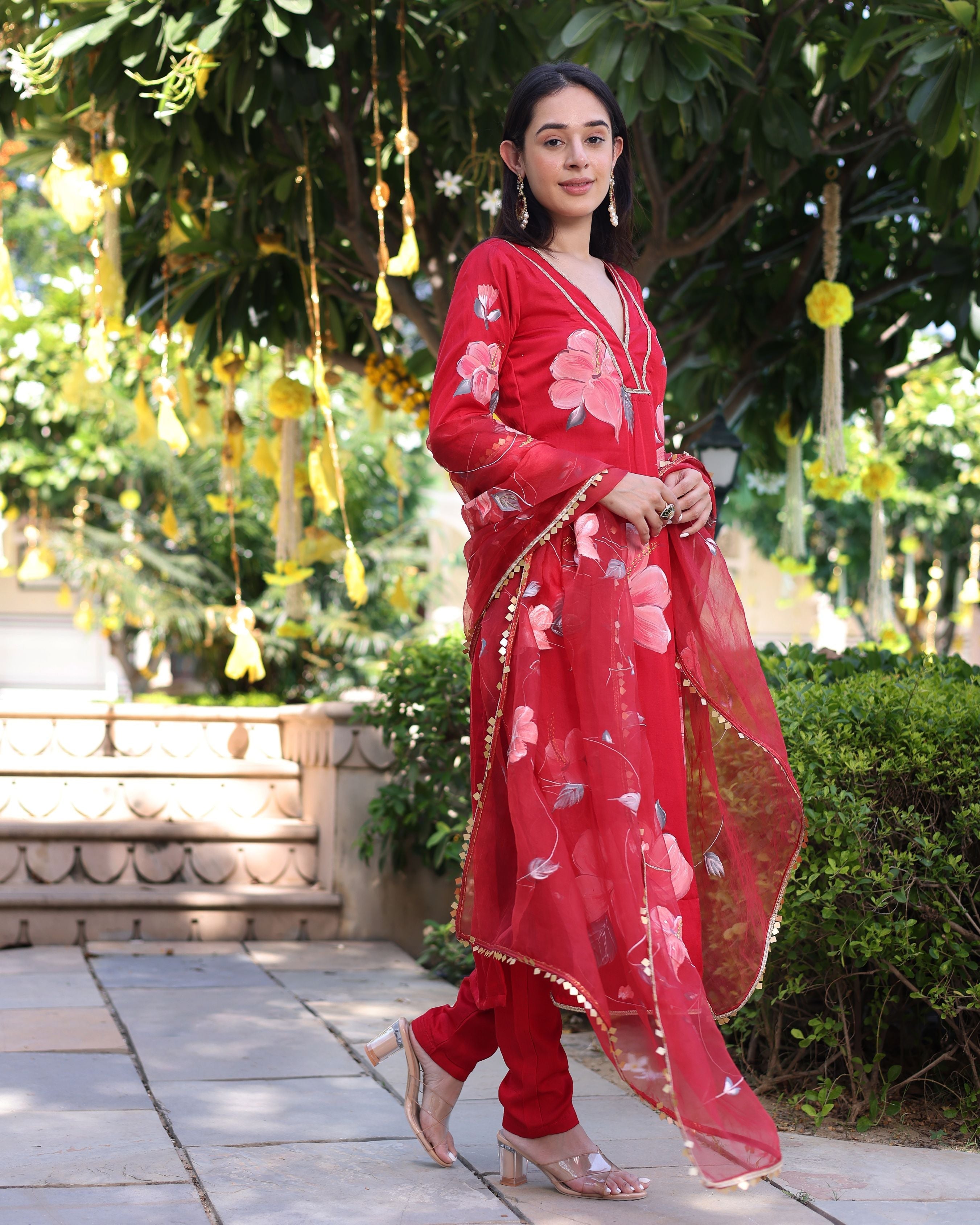 Aachho Raspberry Blush Red Handpainted Satin Suit Set - view 9