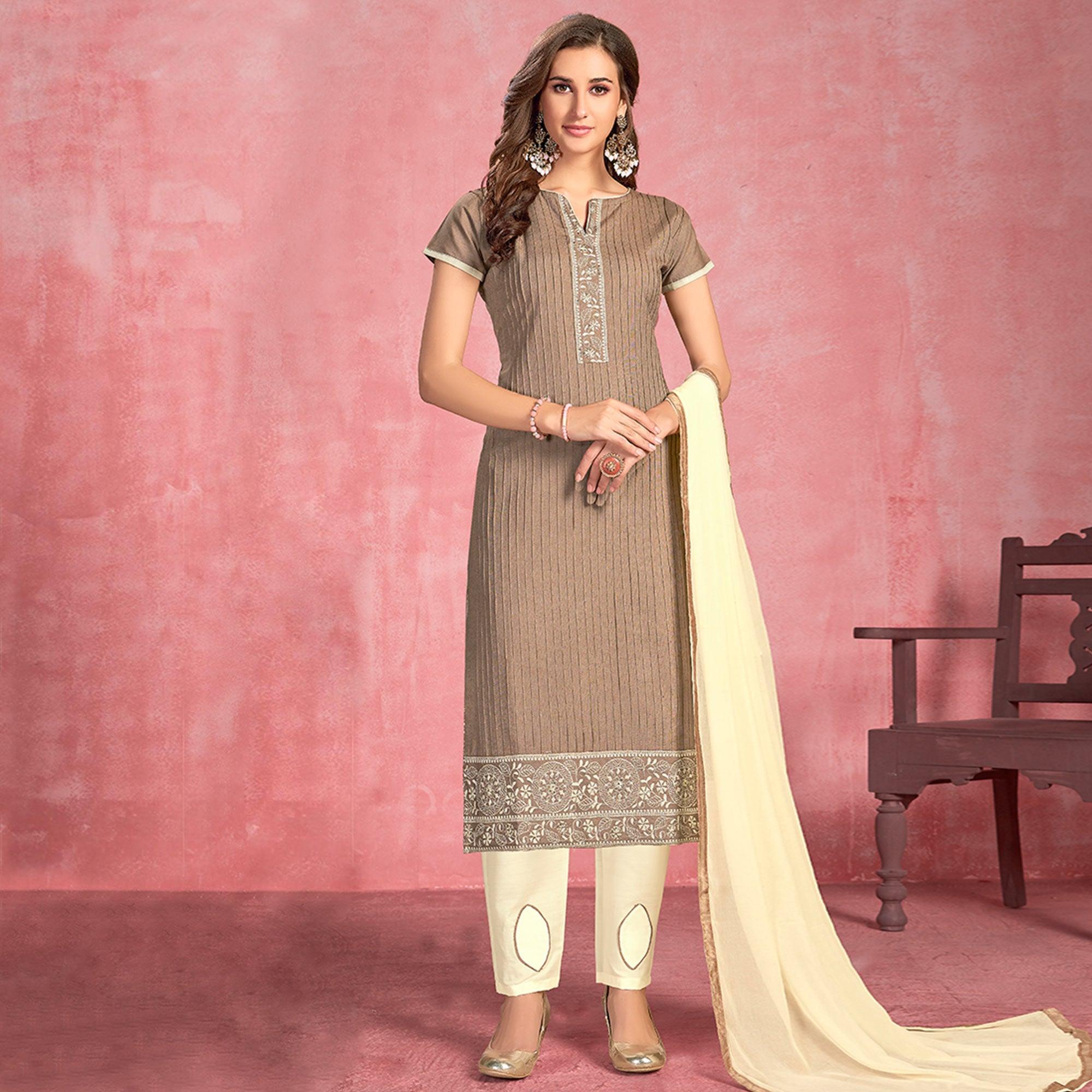 Peachmode Imposing Dark Beige Colored Partywear Embroidered Pure Cotton Dress Material