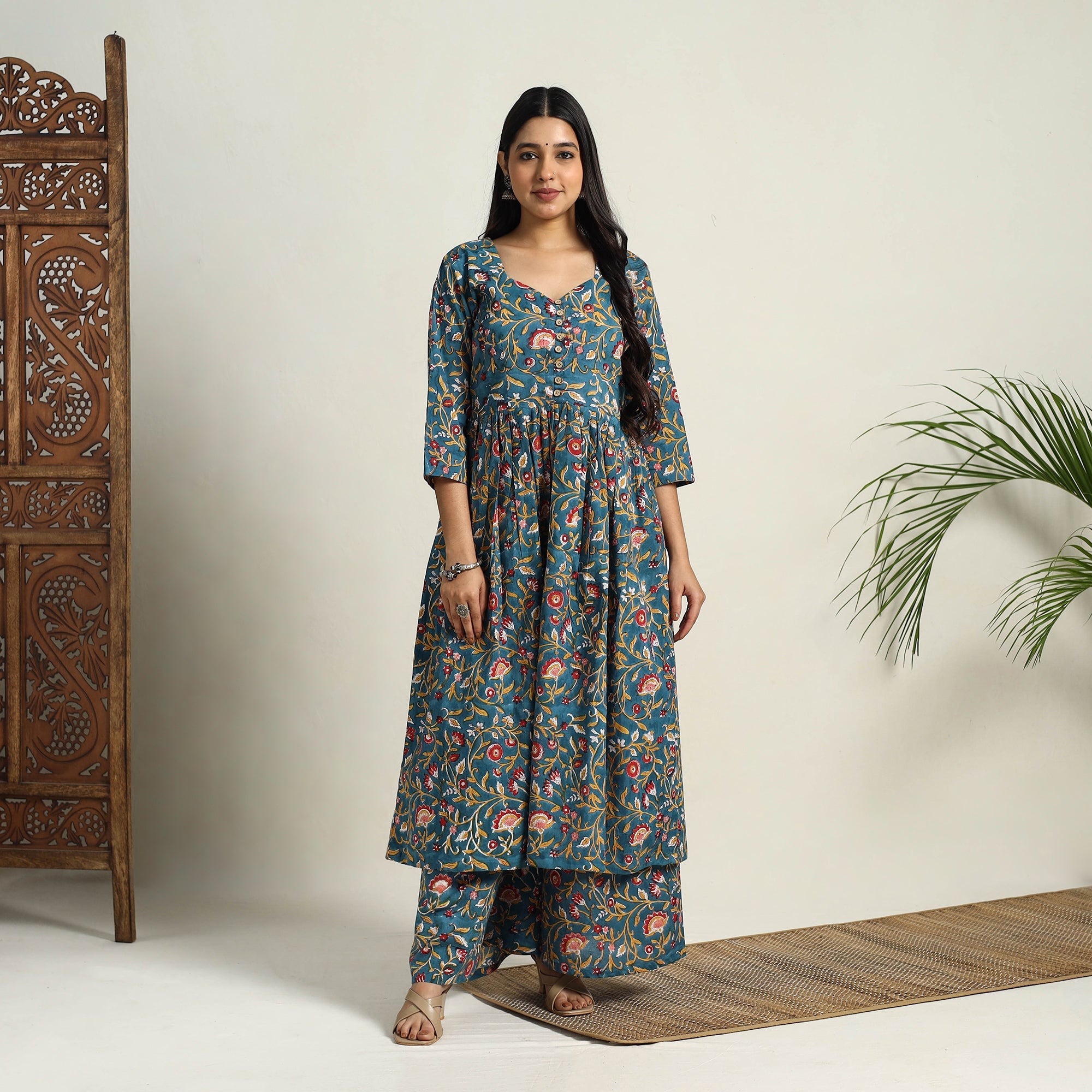 ITOKRI CASUALS Blue - Block Print Cotton Flared Sanganeri Kurta Set 13