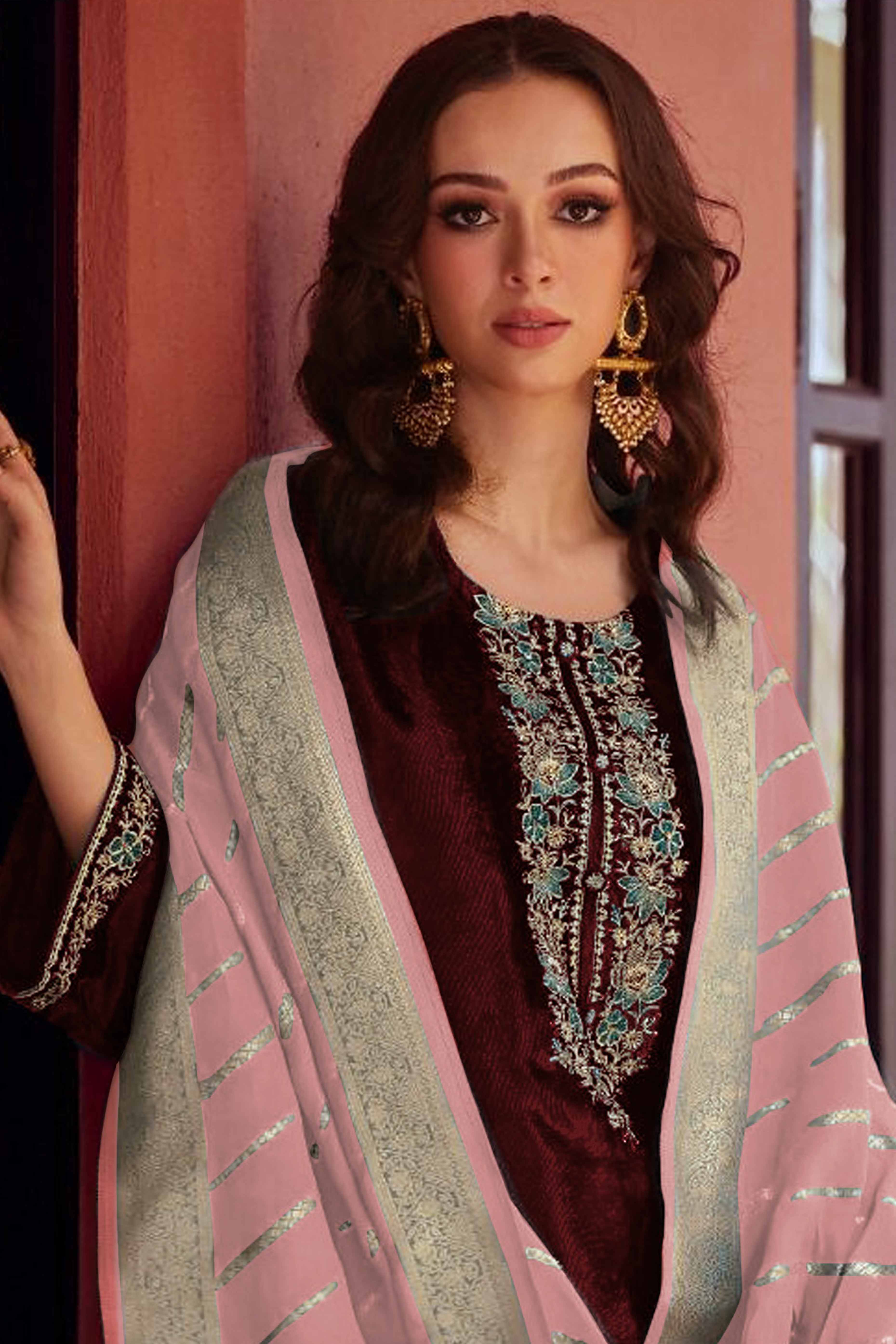 Peachmode Brown Embroidered Velvet Semi-Stitched Salwar Suit - view 3