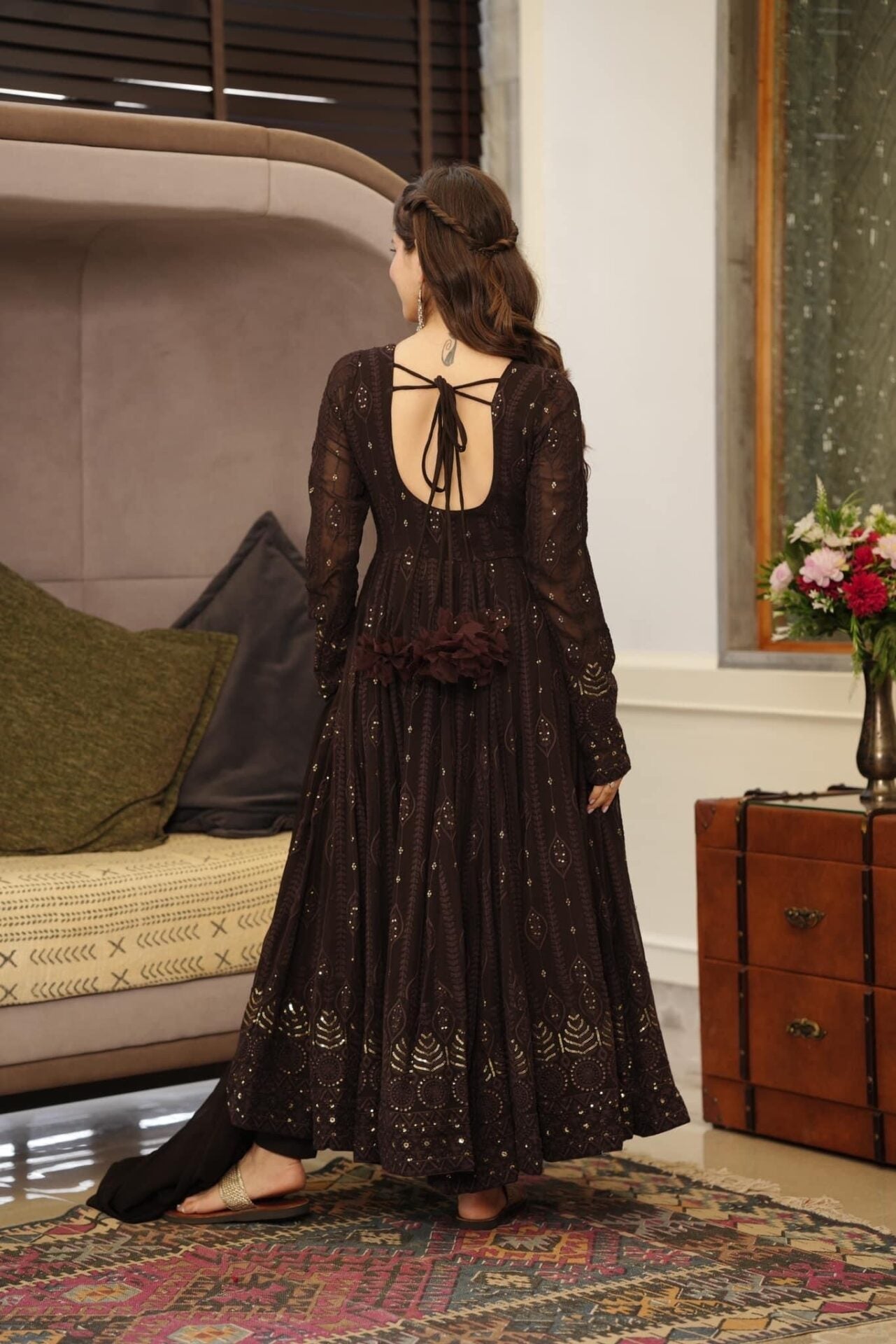 Idaho-o brown embroidered georgette suit set - view 6