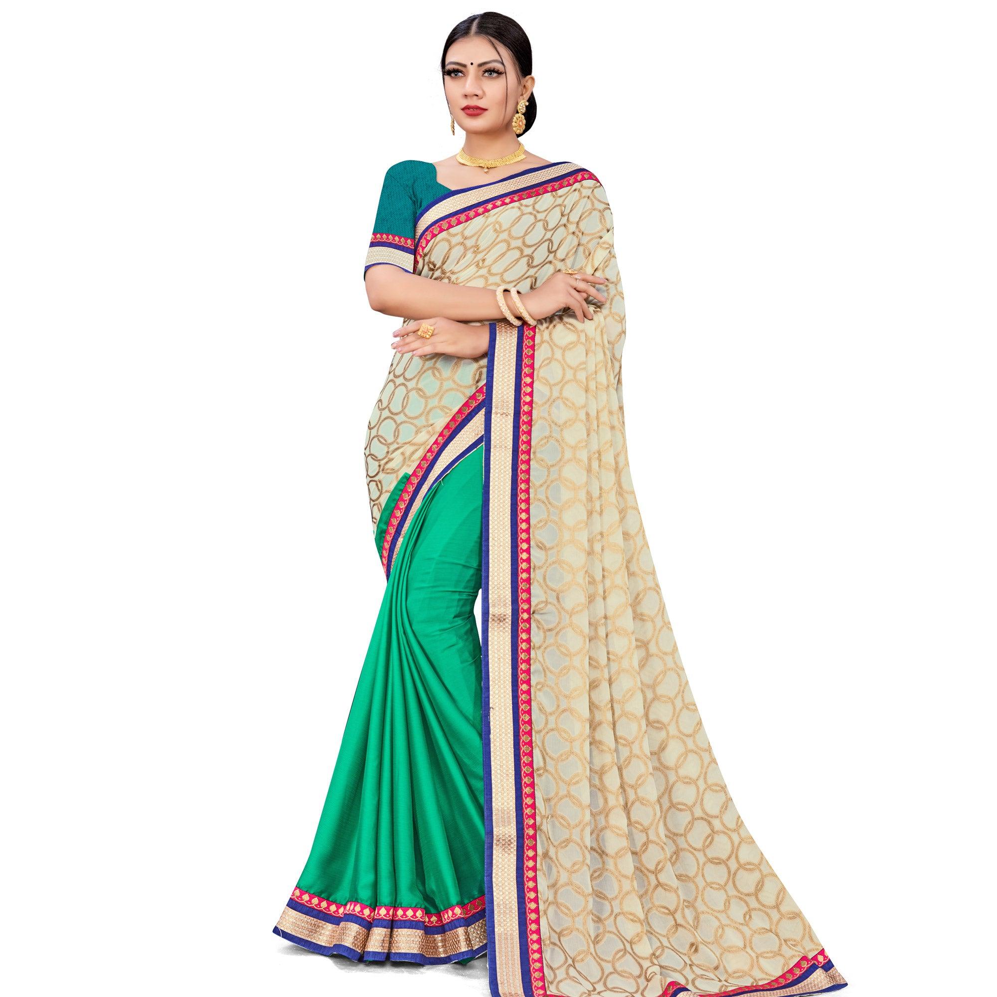 Peachmode Groovy Green-Cream Colored party Wear Georgette Half-Half Saree