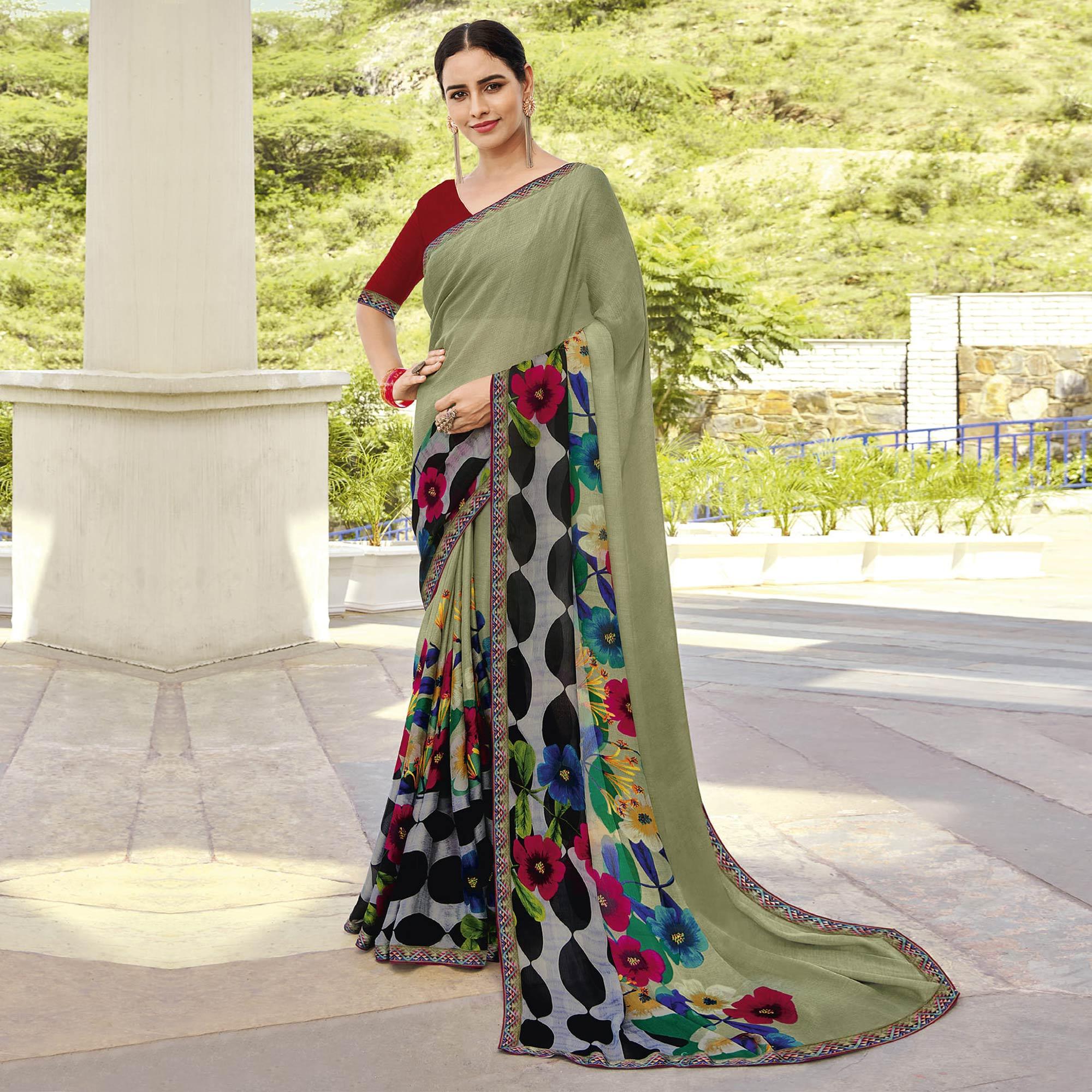 Peachmode Dusty Green - Multicolored Partywear Floral Printed Chiffon Saree