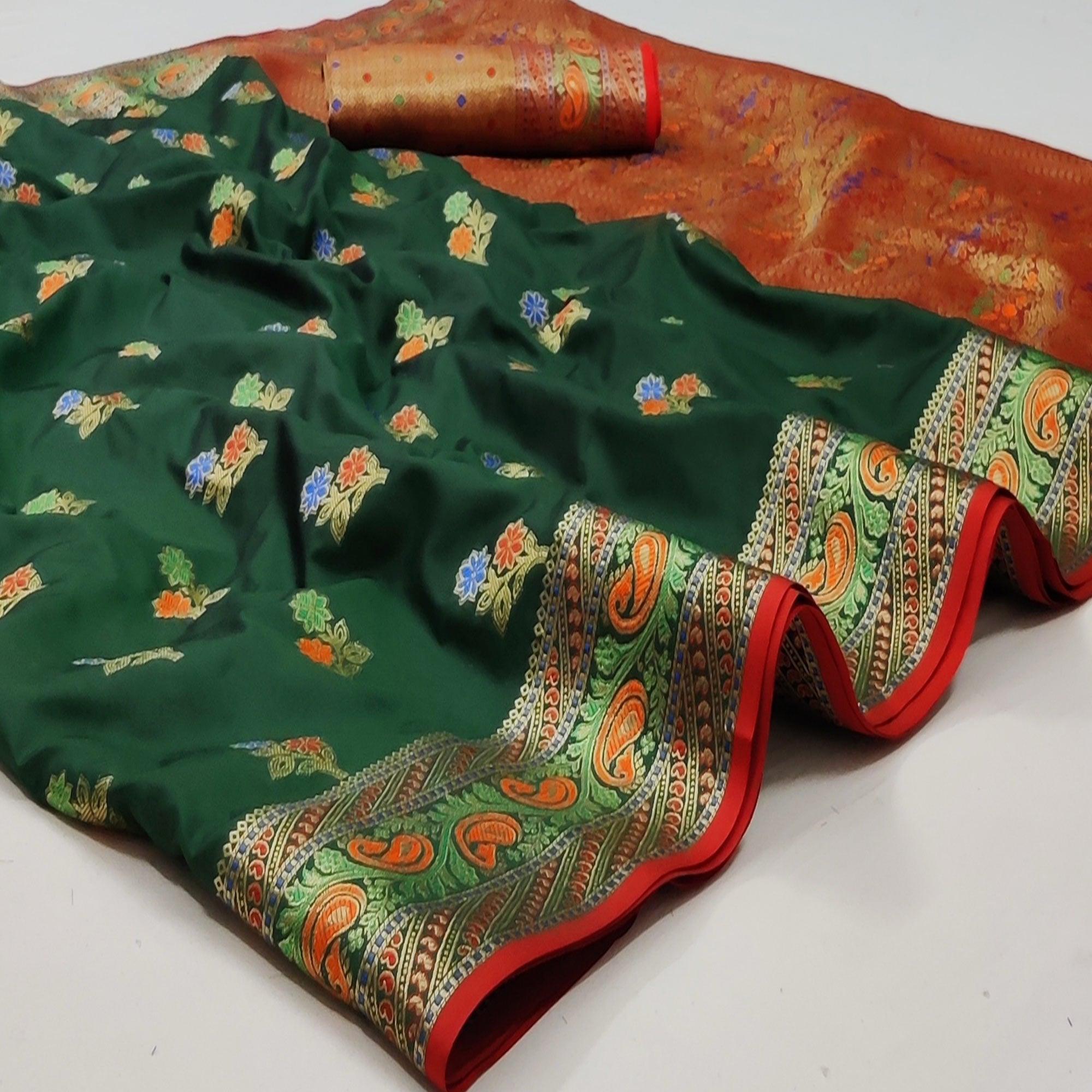 Peachmode Bottle Green Festive Wear Floral Woven Soft Silk Saree With Jacquard Border