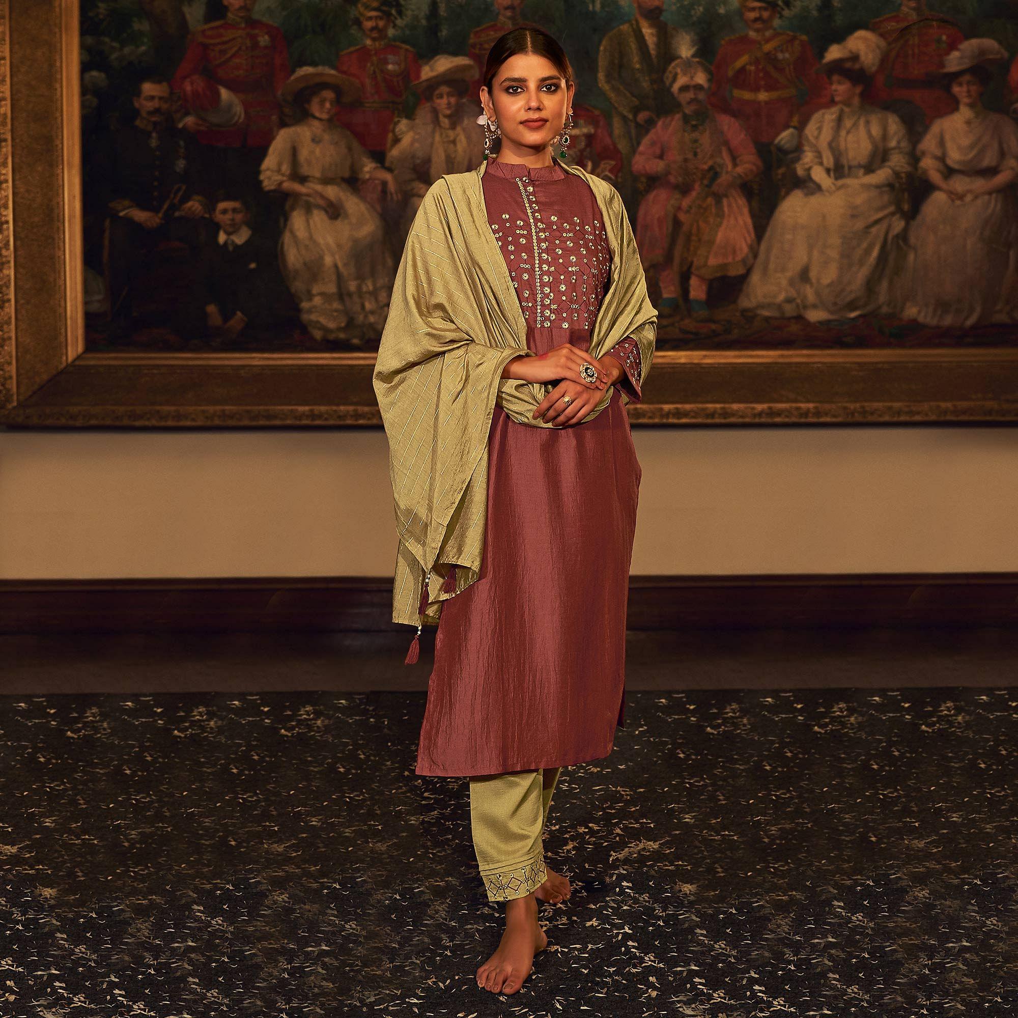 Peachmode Magenta Floral Embroidered Pure Viscose Silk Partywear Suit