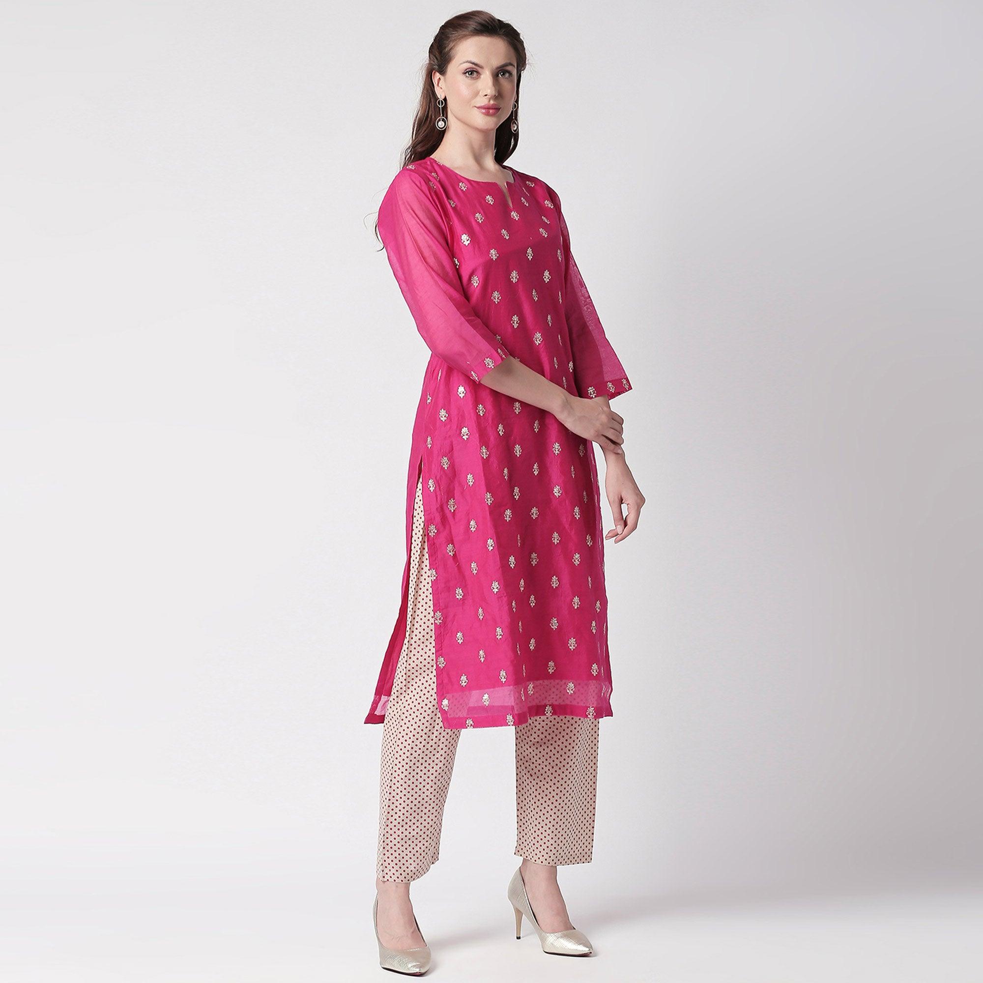 Peachmode Energetic Pink Colored Partywear Embroidered Silk Kurti - Bottom Set - view 7