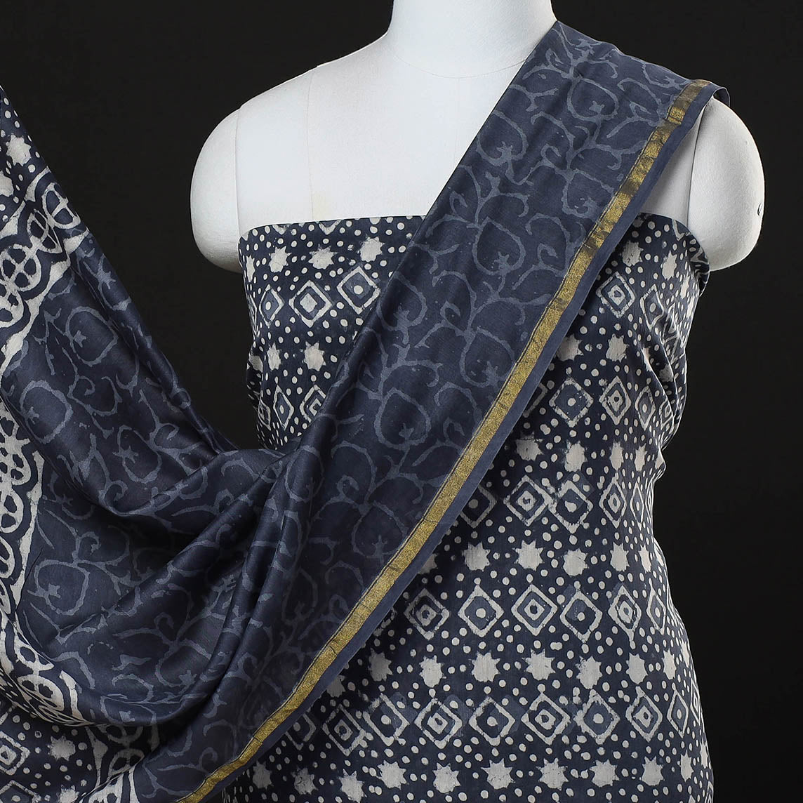 ARTISAN HAND BLOCK PRINTS Blue - 3pc Bagru Block Print Chanderi Silk Suit Material Set - view 3
