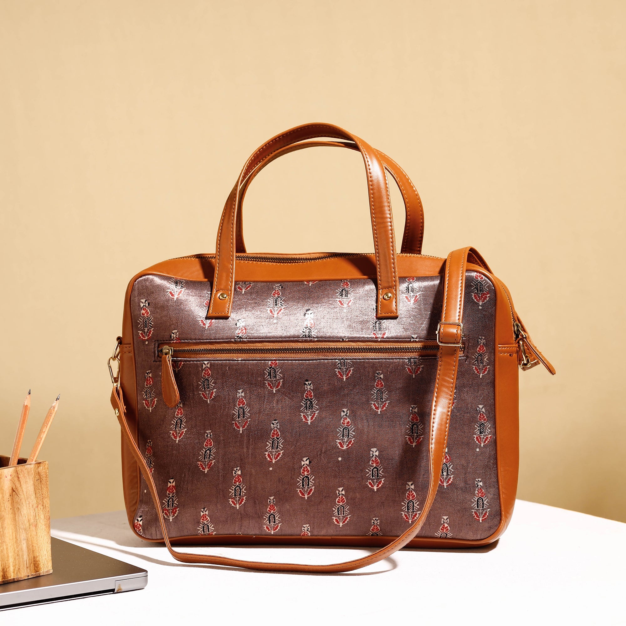 ITOKRI CRAFTS INITIATIVE Brown - Handcrafted Ajrakh Block Printed Modal Silk Laptop Bag (15 x 13 in)