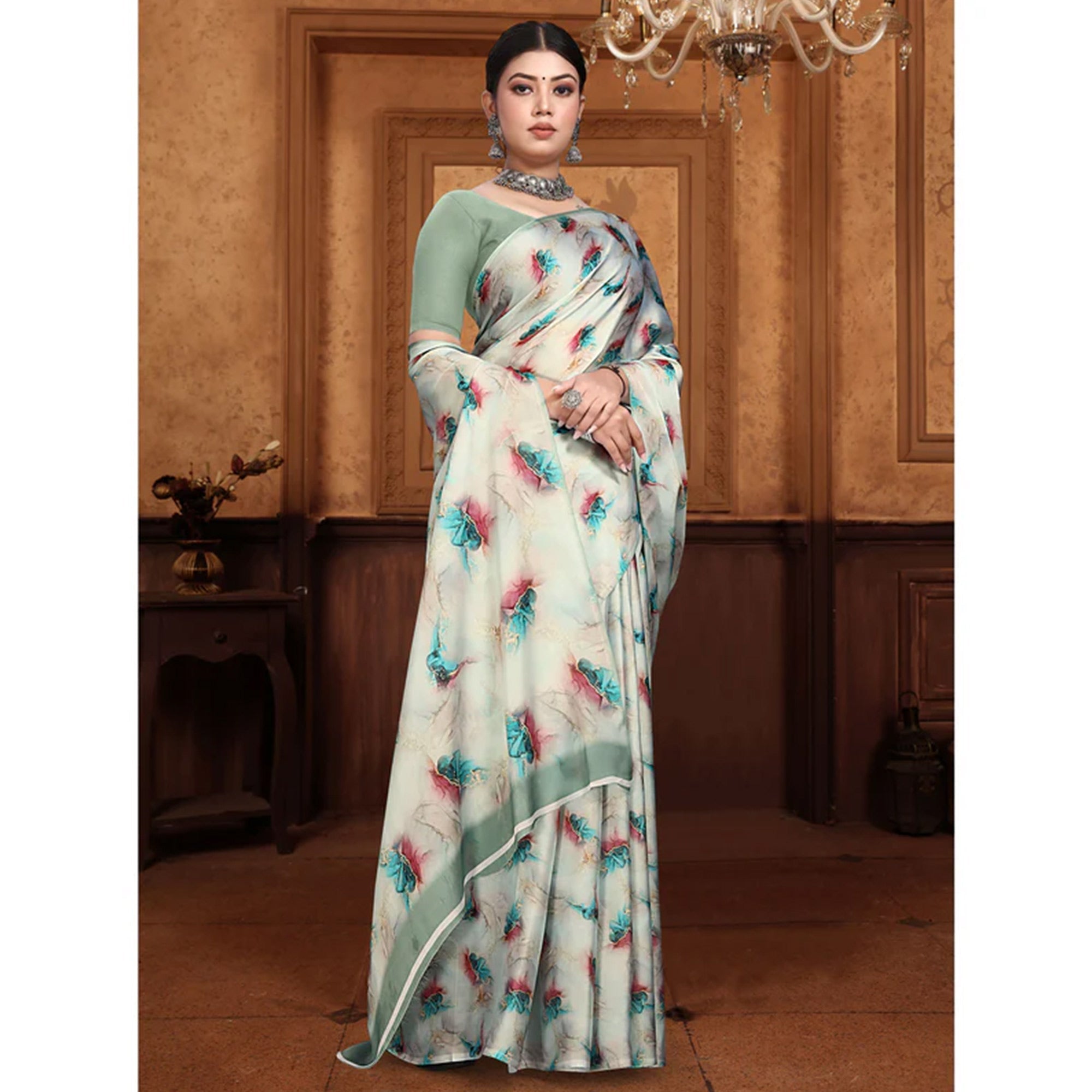 Peachmode Cream Digital Printed Georgette Saree - view 5