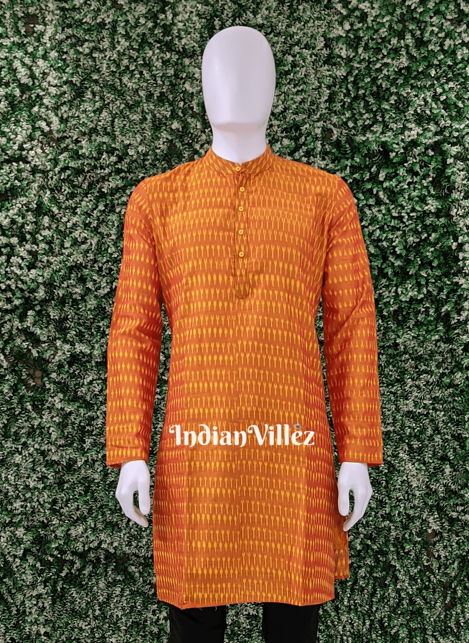 IndianVillèz Mustard Golden Pochampally Ikat Cotton Kurta for Men