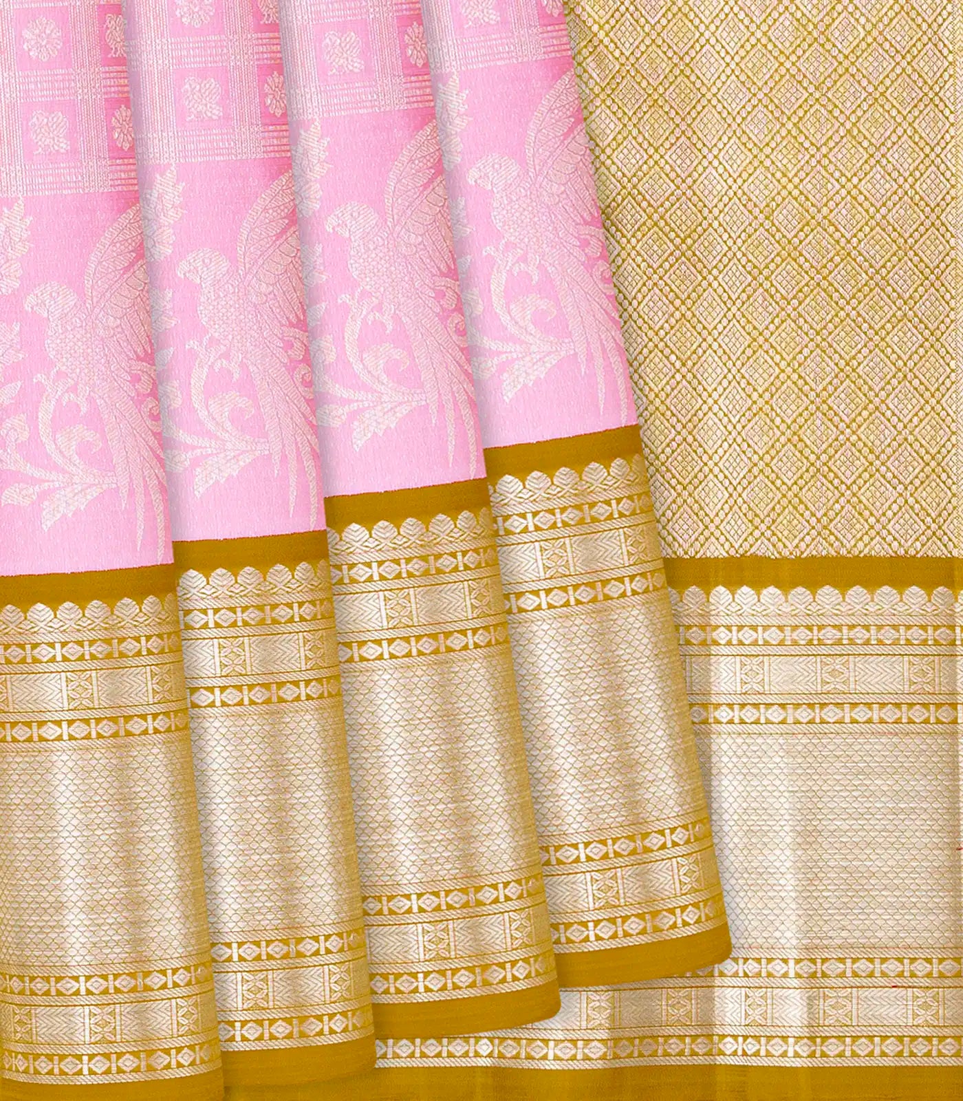 RmKV Baby Pink Handloom Kanchipuram Korvai Silk Saree With Zari Checks-Baby Pink