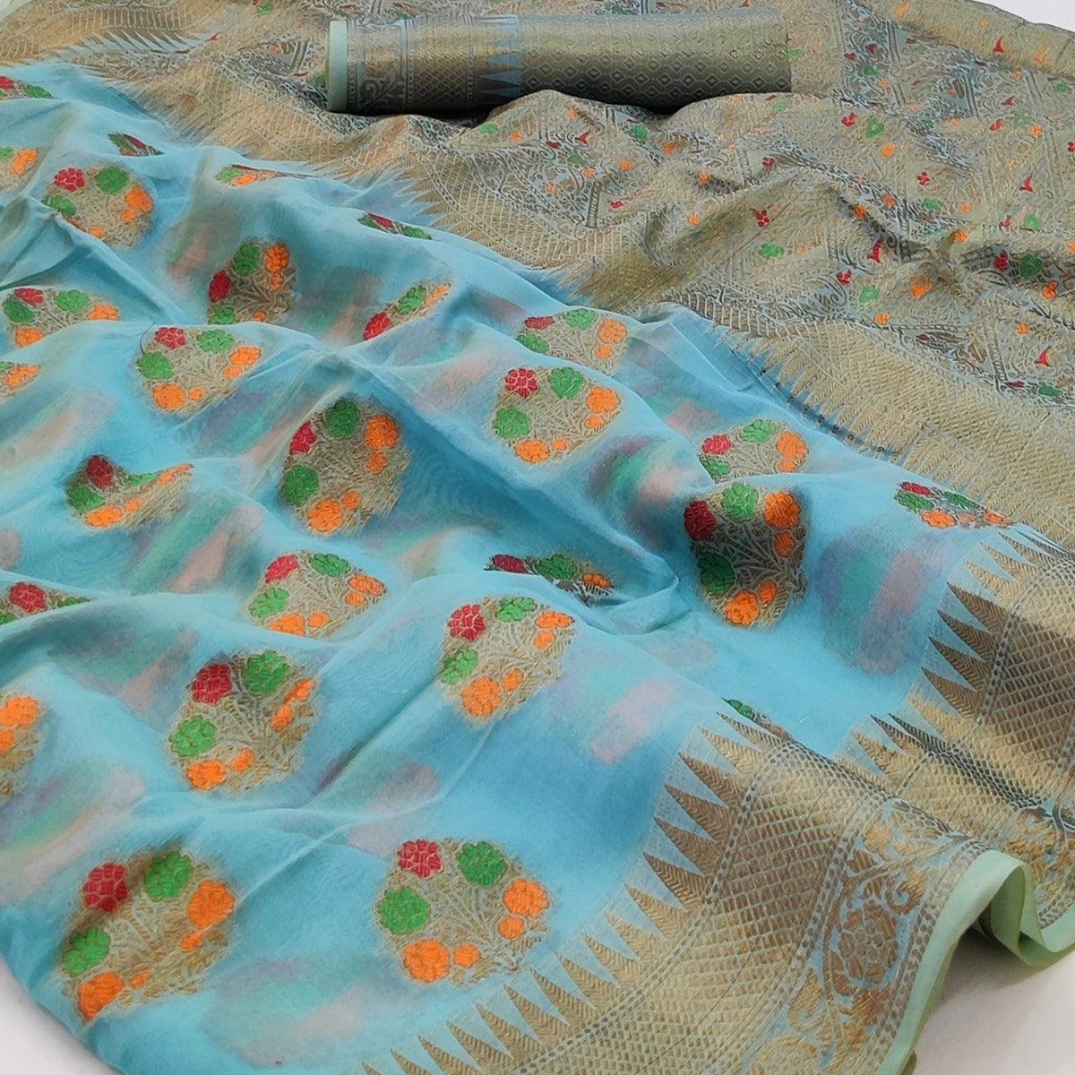 Peachmode Blue Woven Organza Saree – Women's - view 2
