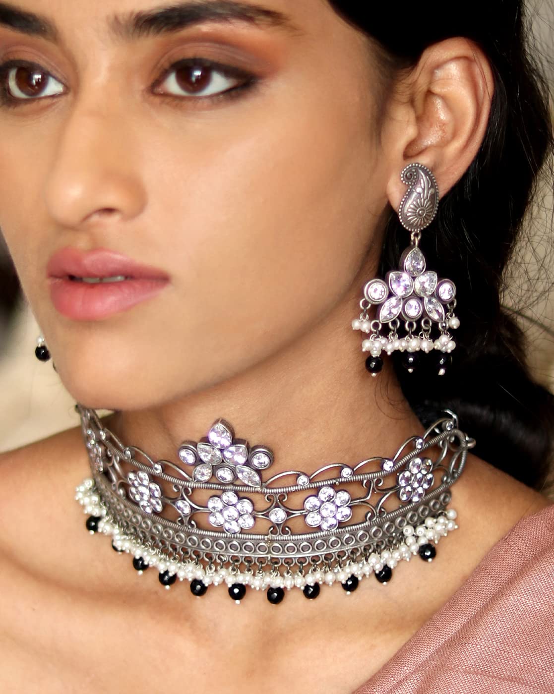 TEEJH Jasmine Silver Oxidised White Choker Necklace For Women - view 2