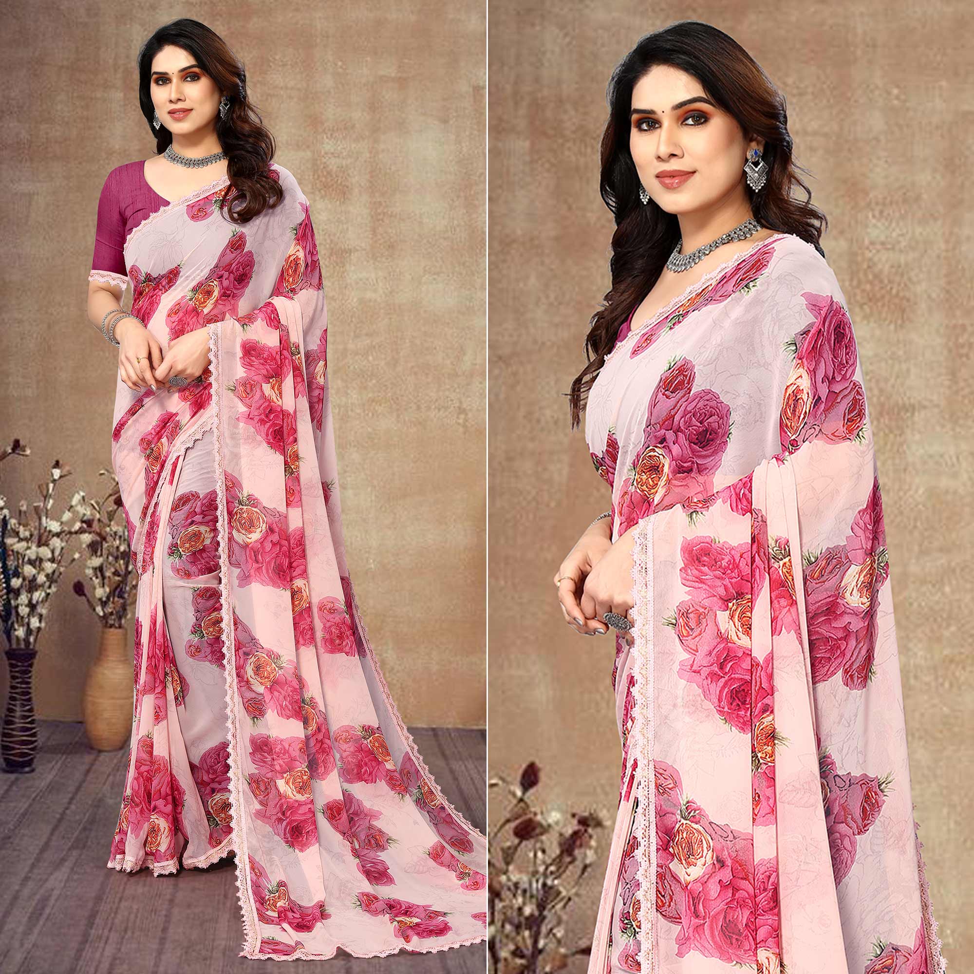 Peachmode Light Peach Floral Printed Georgette Saree With Lace Border