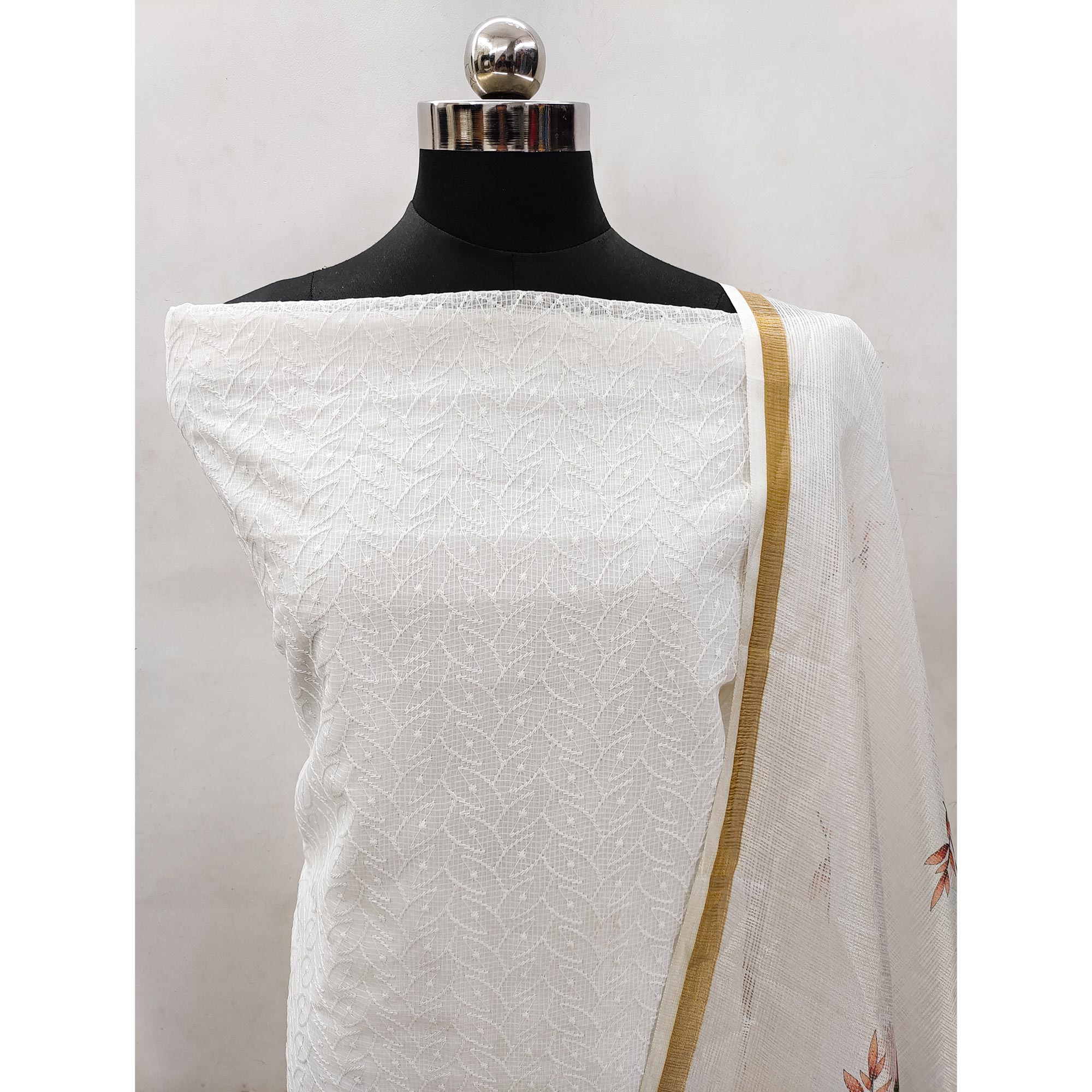 Peachmode White Embroidered Kota Doria Dress Material - view 4