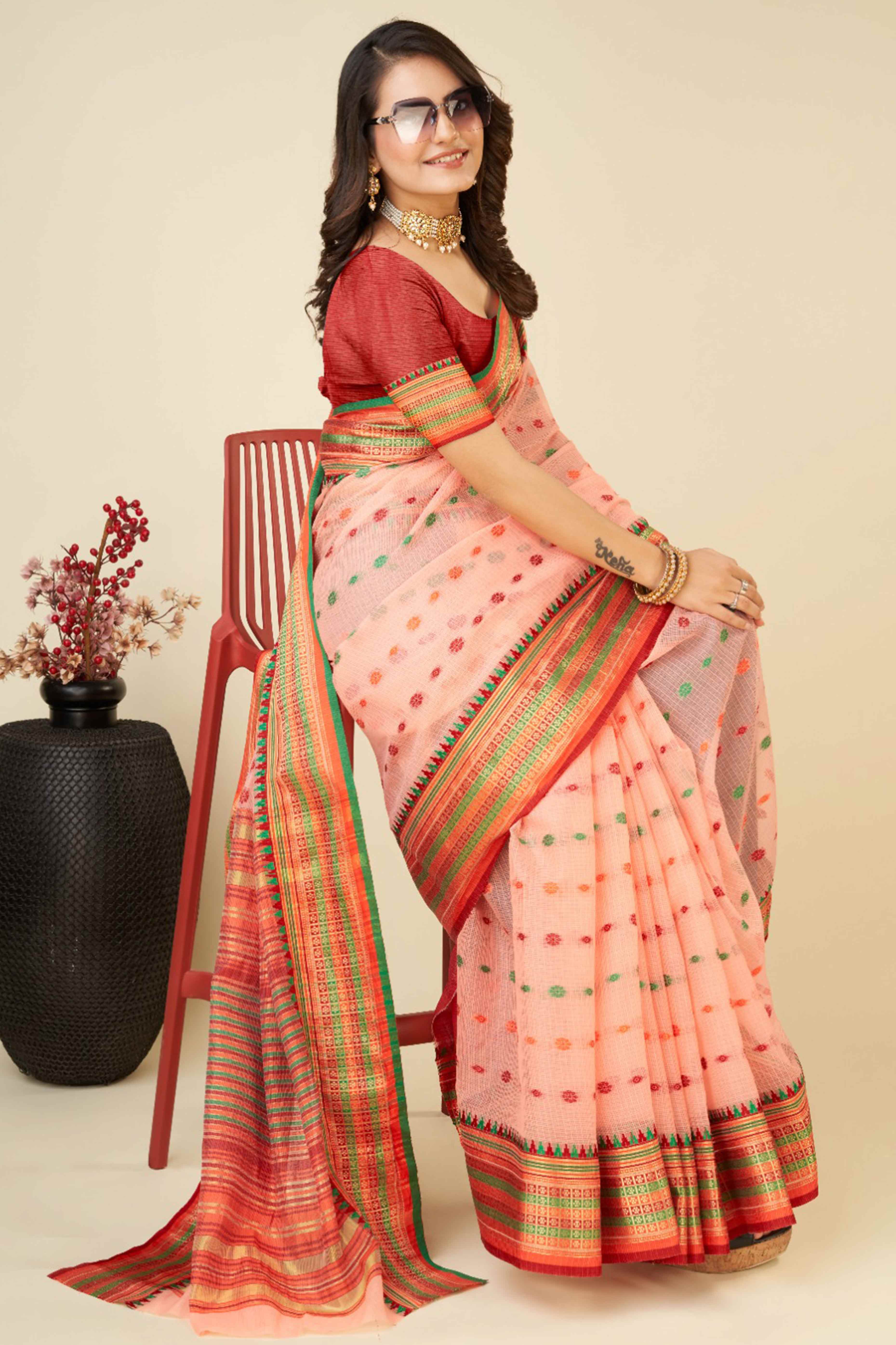 Peachmode Light Peach Zari Weaving Cotton Silk Saree - view 4