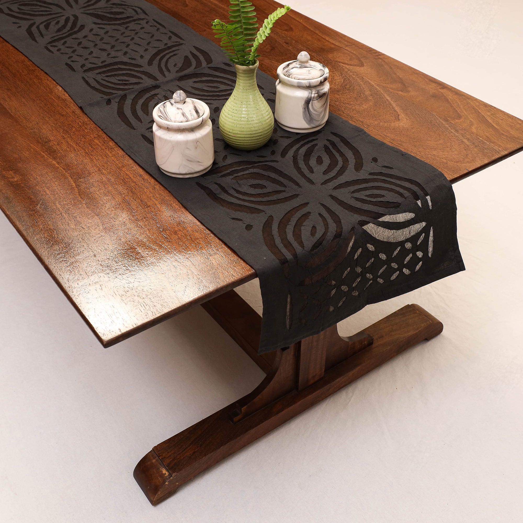 SHADES OF MARUDHARA Black - Applique Cut work Cotton Table Runner (47 x 12.5 in)