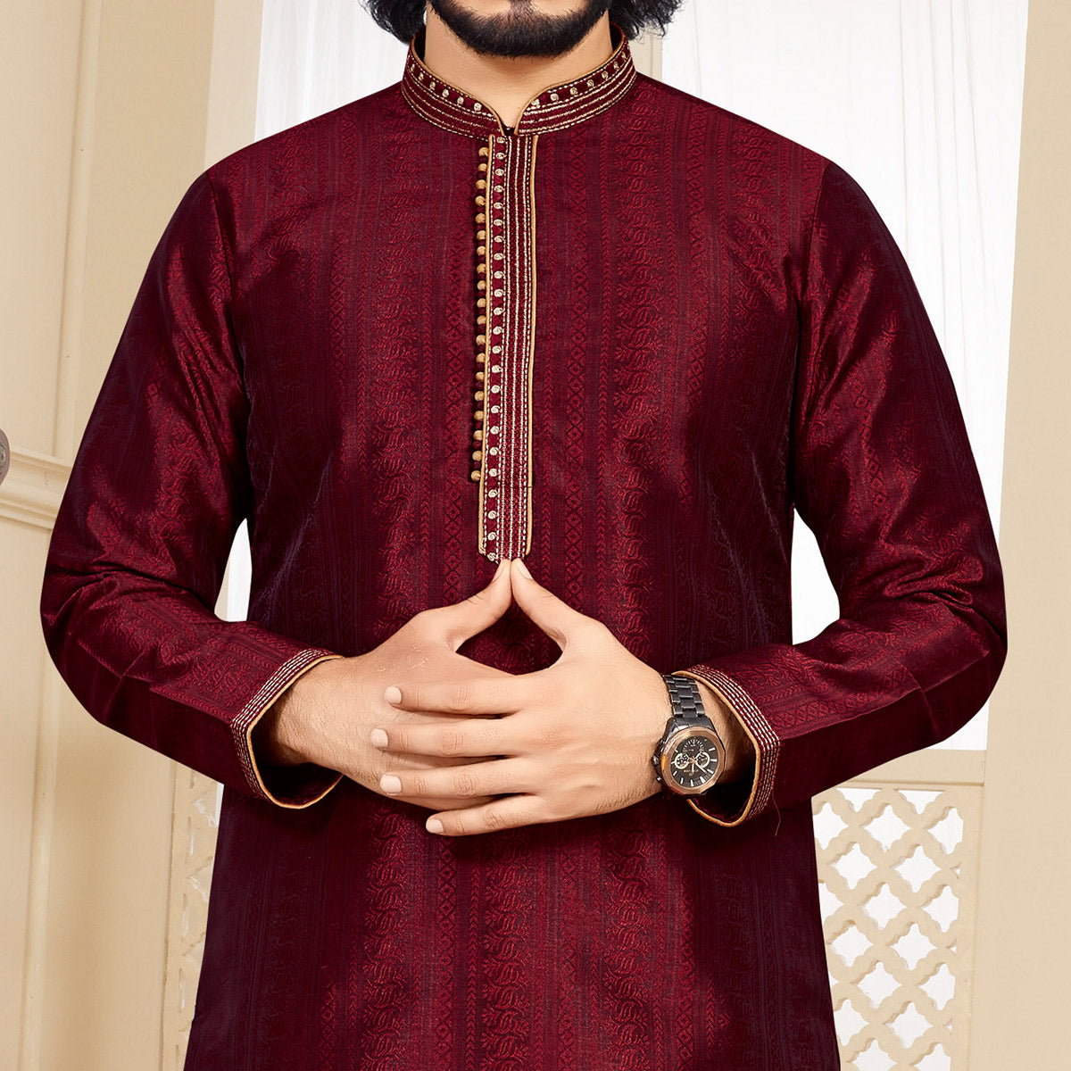 Peachmode Seller Maroon Woven Jacquard Kurta Pyjama Set - view 2