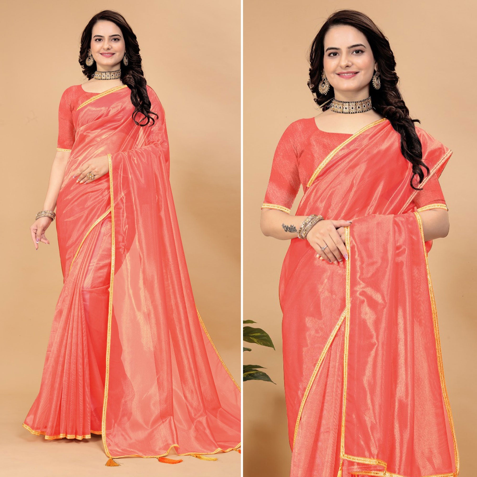 Peachmode Dark Peach Solid Nylon Saree With Lace Border