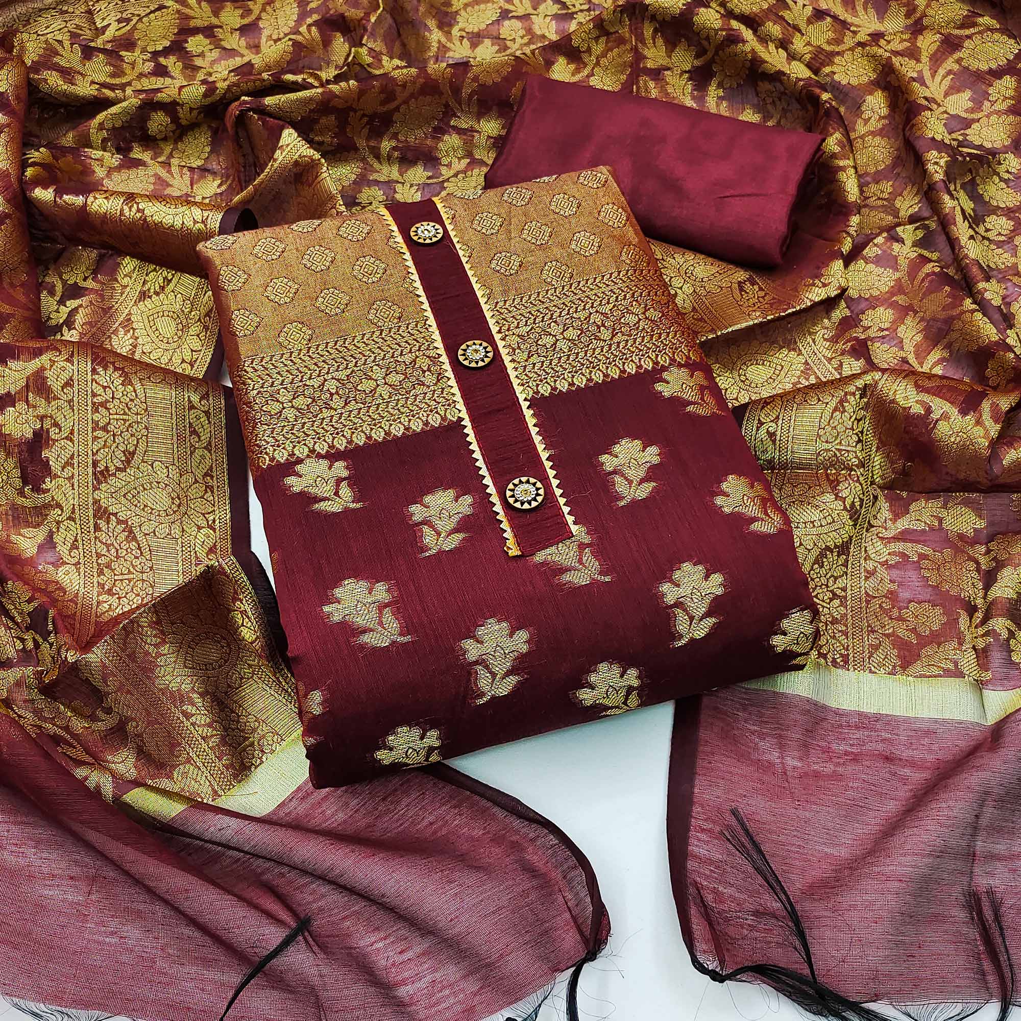 Peachmode Maroon Floral Woven Banarasi Silk Dress Material