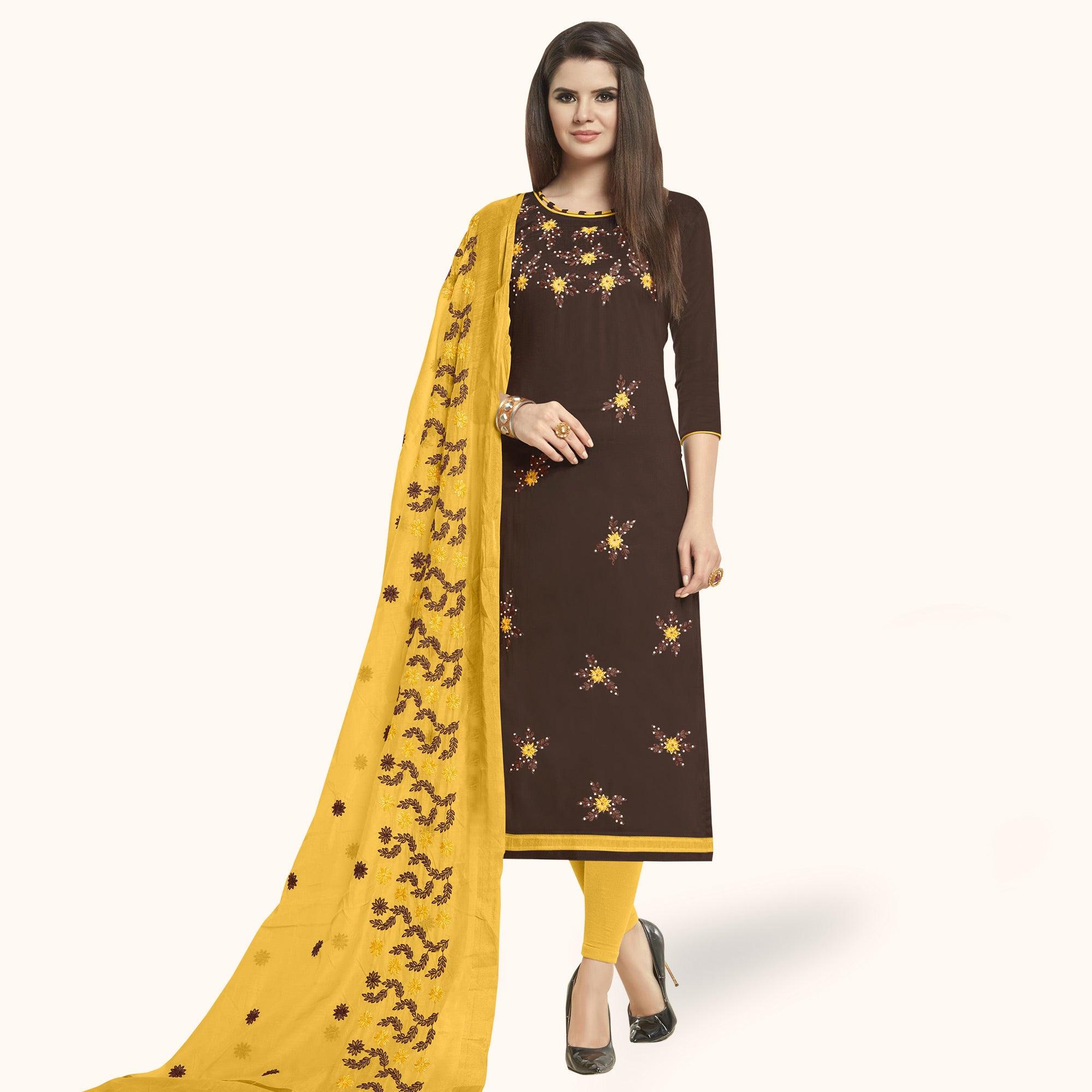 Peachmode Glowing Brown Colored Casual Wear Embroidered Cotton Dress Material