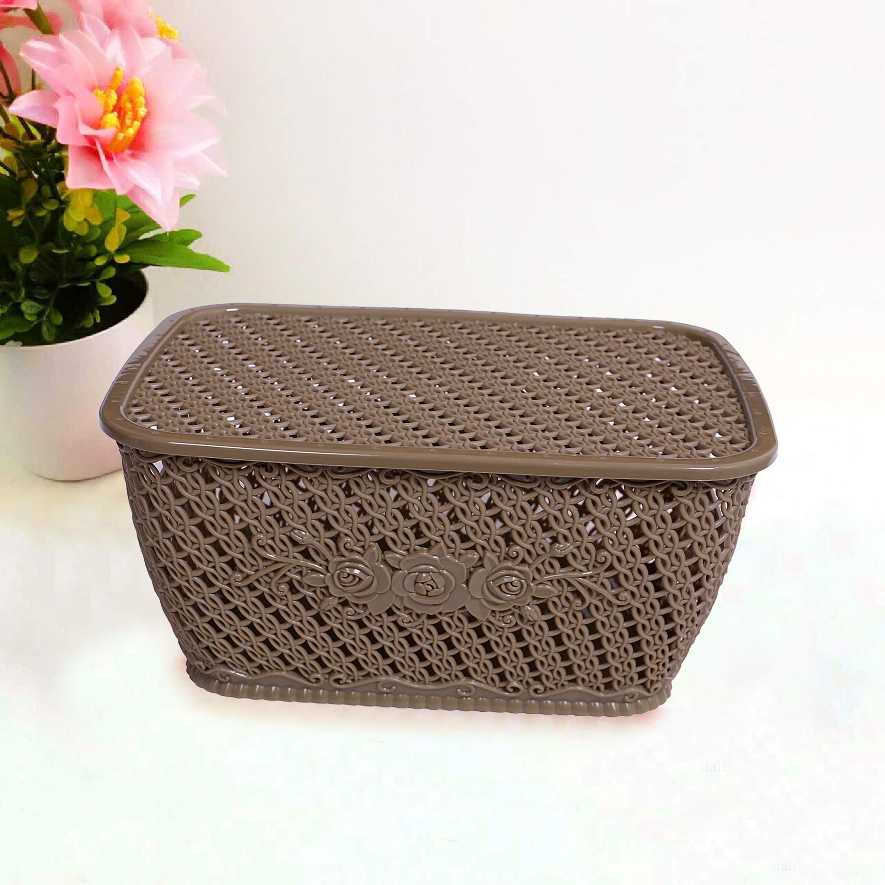 Kuber Industries Plastic 3 Pieces Large Size Multipurpose Solitaire Storage Basket for Kitchen, Office, Bedroom, Bath Room with Lid (Coffee & Grey & C - view 6