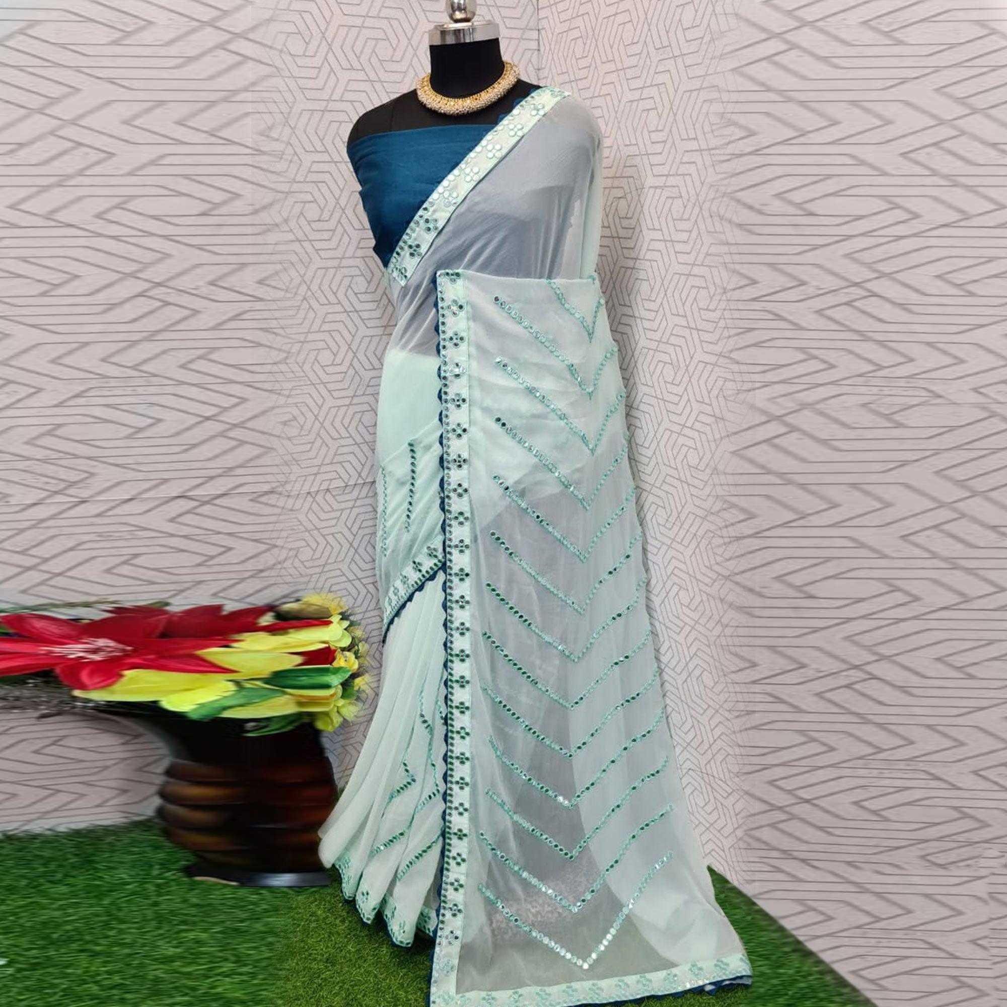 Peachmode Light Green Festive Wear Mirron Work Chiffon Saree