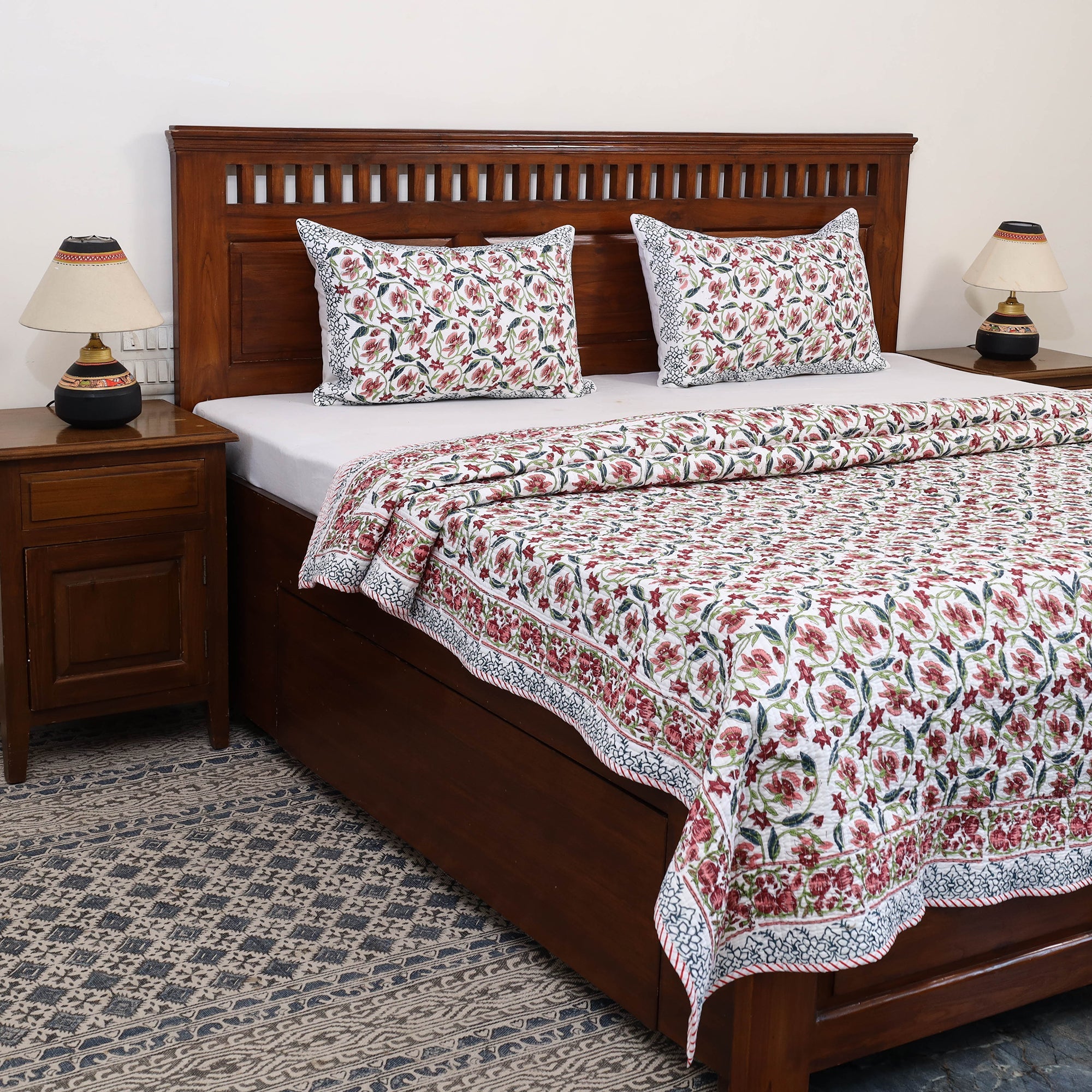 HAVELI CHRONICLES Brown - Double - Reversible Sanganeri Block Print Cotton Quilt Set 11