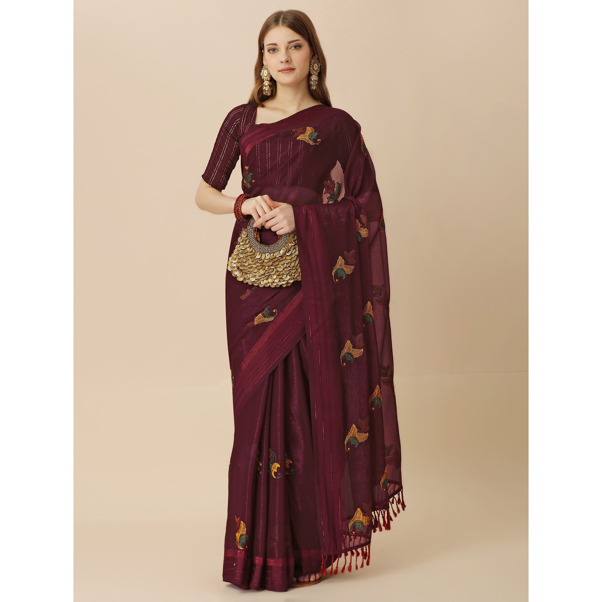 Peachmode Maroon Floral Embroidered Chiffon Saree With With Tassels - view 5