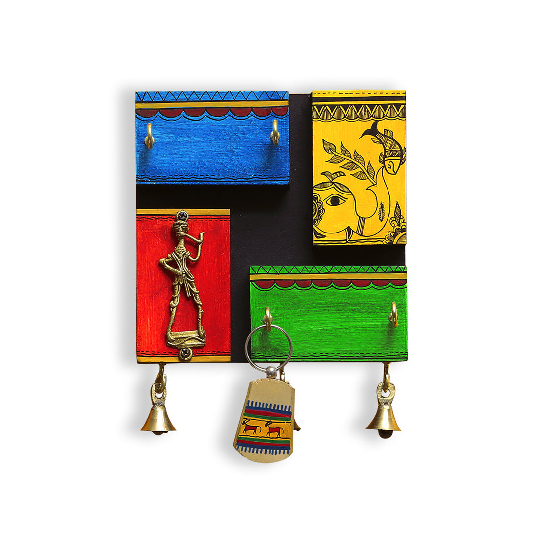 EXCLUSIVELANE 'In-Key-Geneous' Warli Handpainted Wooden Key Holder with Dhokra Art (5 Hooks) - view 3