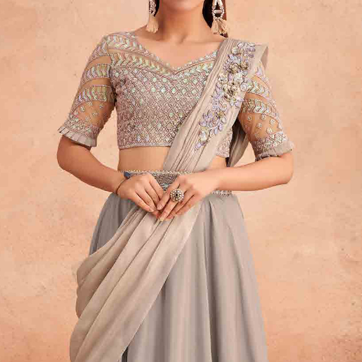 Peachmode Seller Light Grey Sequins Embroidered Ready to Wear Art Silk Saree - view 3