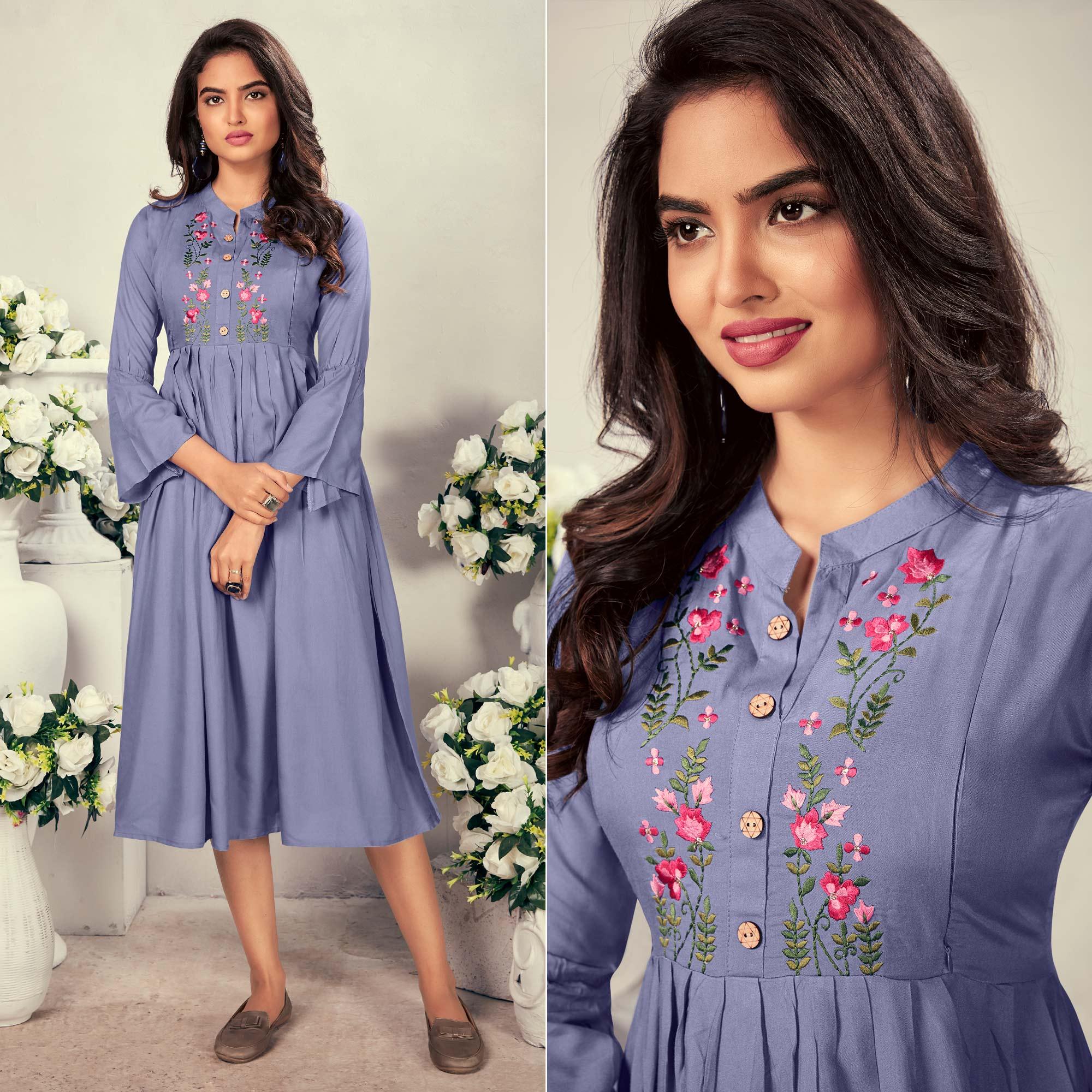 Peachmode Seller Lavender Casual Wear Embroidered Rayon Maternity Kurti