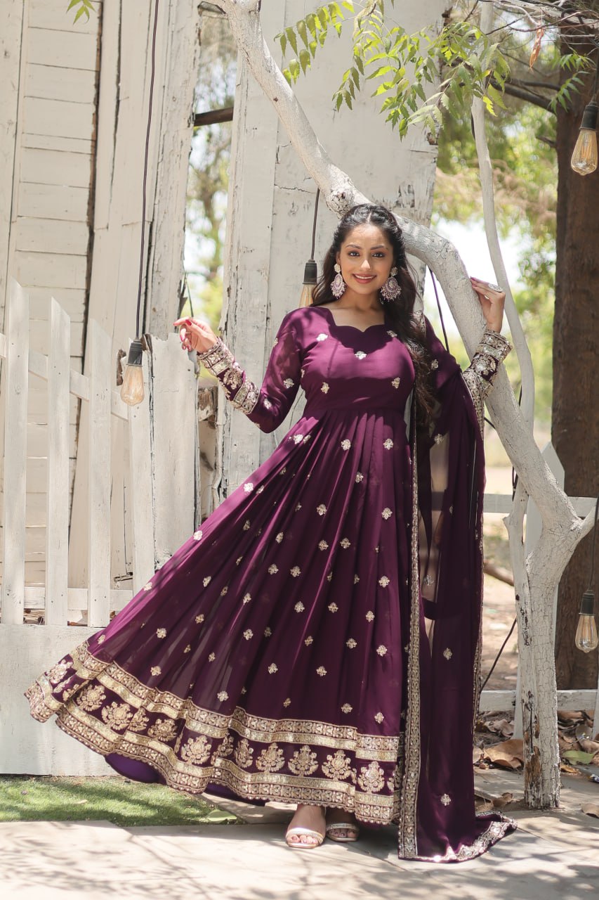 ClothsVilla Wine Faux Blooming Gown with Sequins Embroidery and Dupatta - view 3