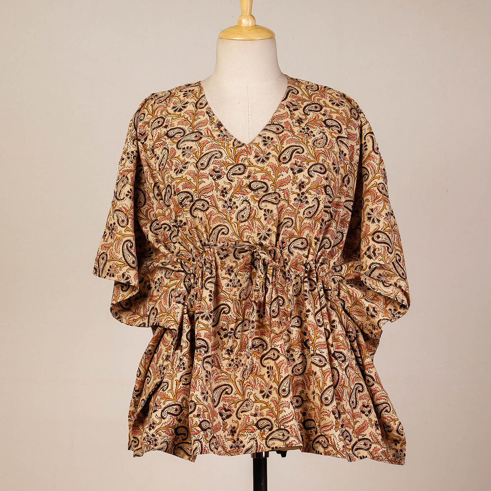 CHUTNEY CRAFT STUDIO Beige - Block Print Cotton Kalamkari Kaftan with Tie-Up Waist (Short)