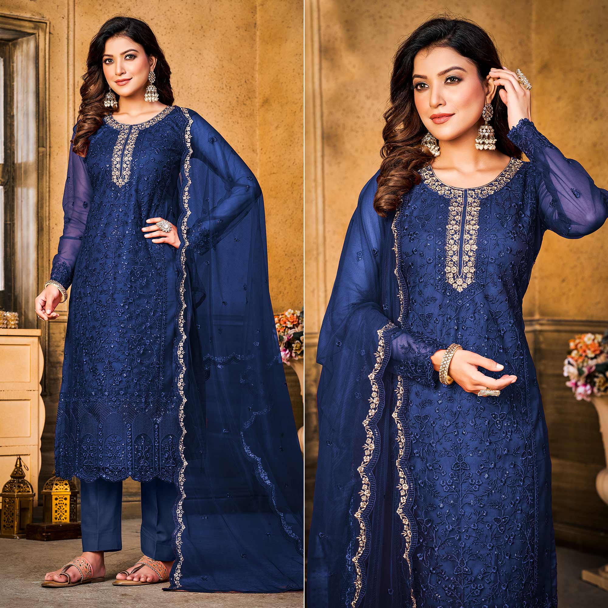 Peachmode Blue Sequins Floral Embroidered Net Semi Stitched Suit