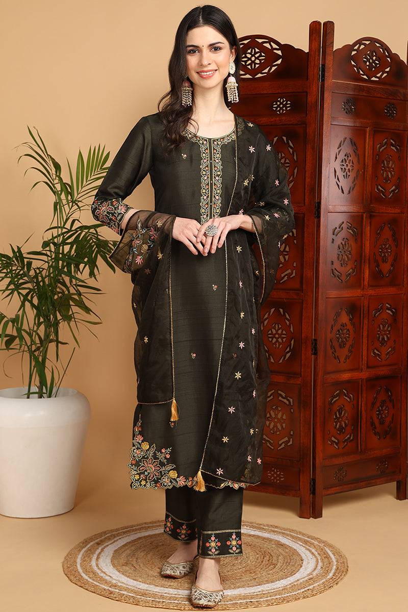 Ahika Olive Green Silk Blend Floral Embroidered Straight Suit Set PKSKD2239 - view 6