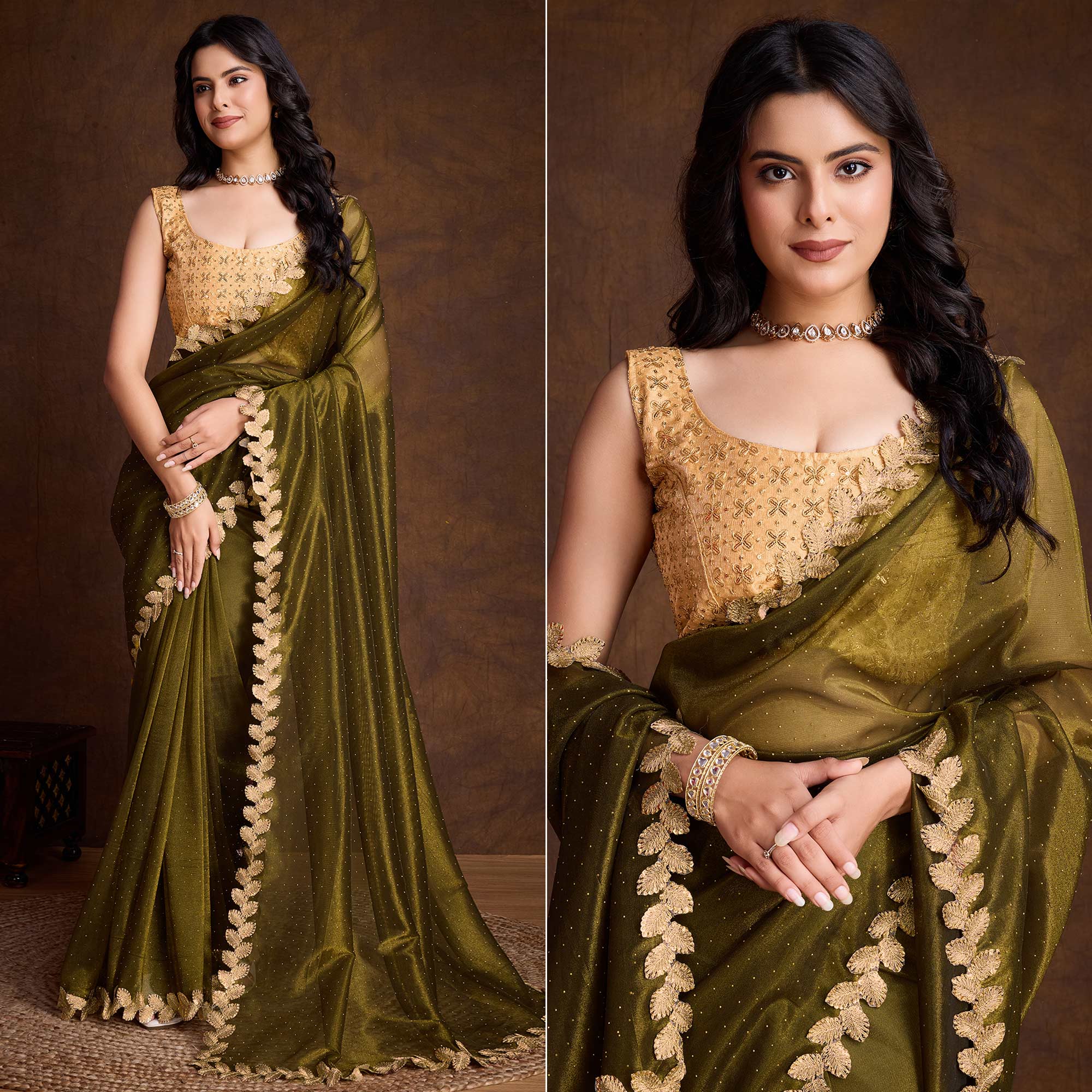 Peachmode Mehandi Green Swarovski Work Shimmer Net Saree