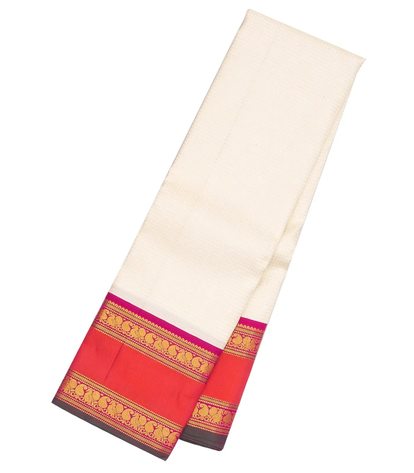 RmKV White Handloom Korvai Kanchipuram Silk Saree With Contrast Pink Border