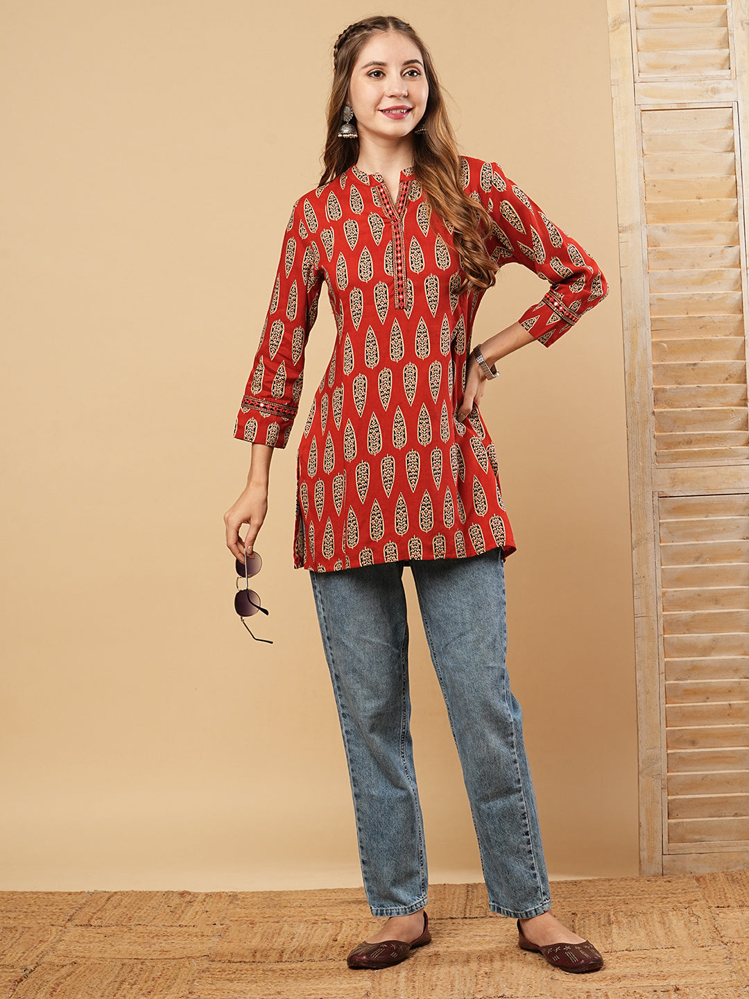 Fashor Ethnic Printed & Mirror Embroidered Straight Fit Kurti - Rust